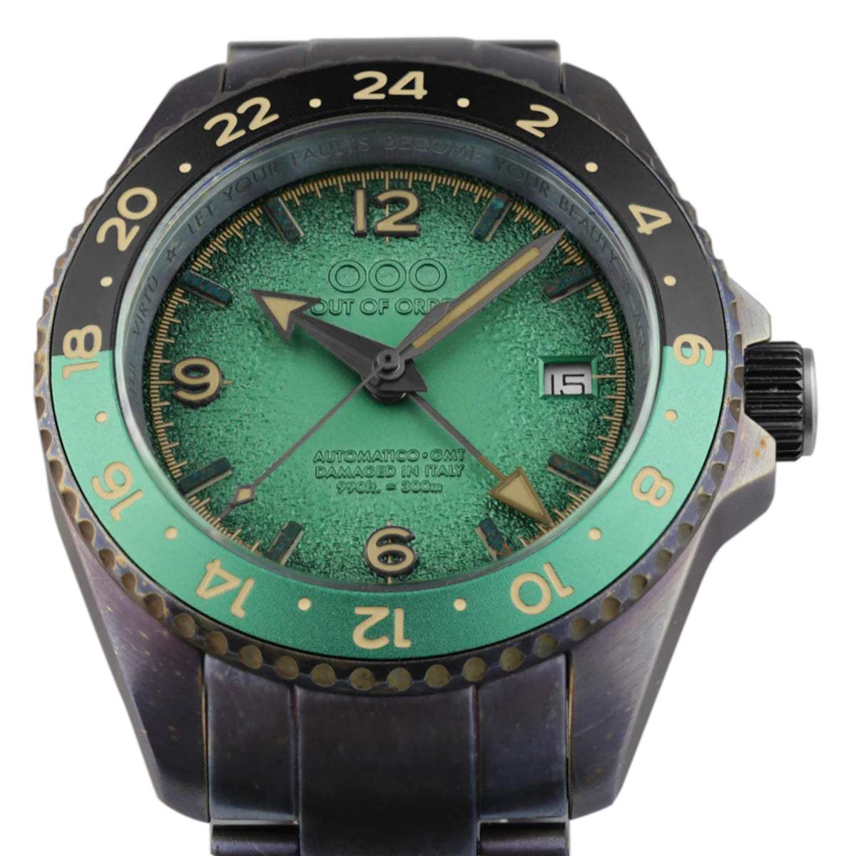 Men's automatic wristwatch close-up: textured green dial, gold markers, black case.