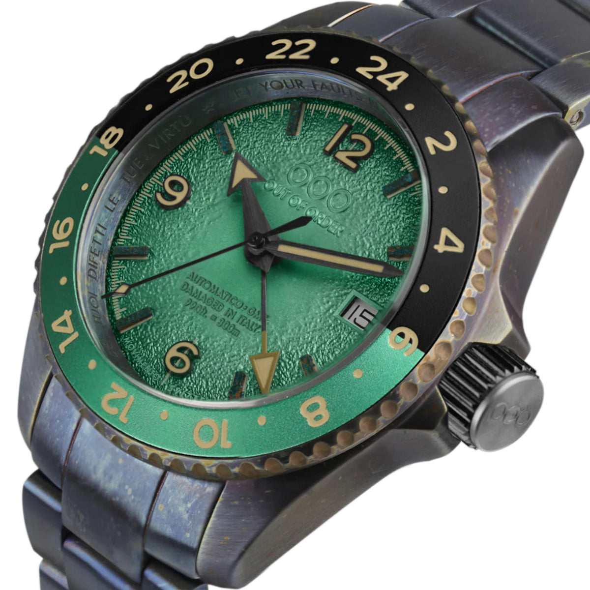 Men's automatic wristwatch front close-up: green dial, gold bezel numbers, black case.