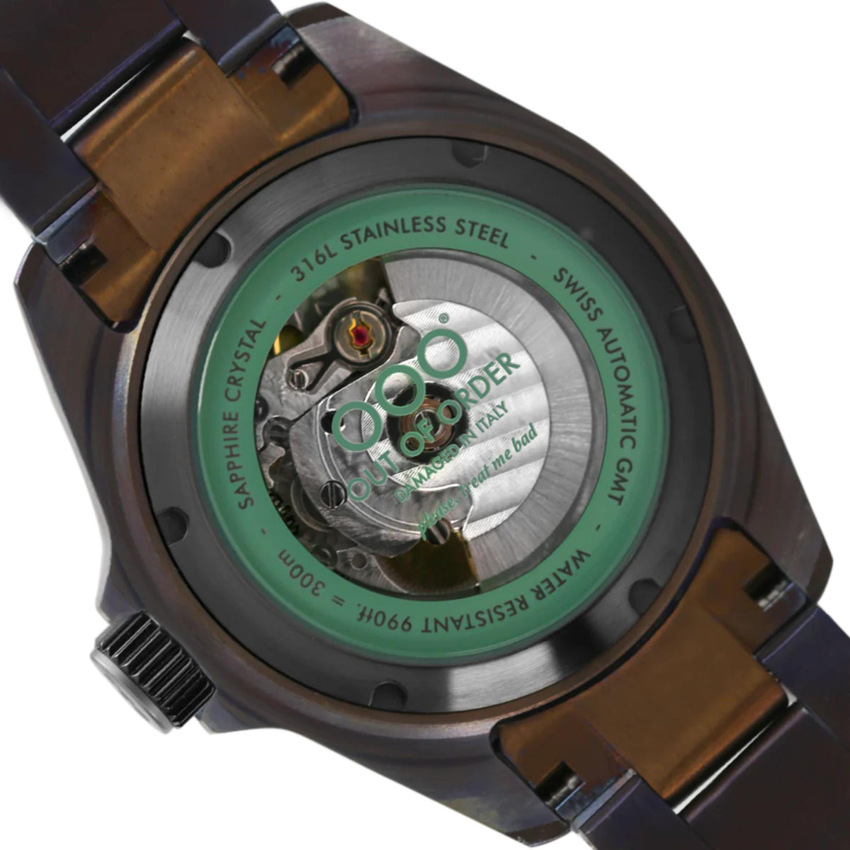 Men's automatic wristwatch caseback with visible movement, engraved steel back, green ring.