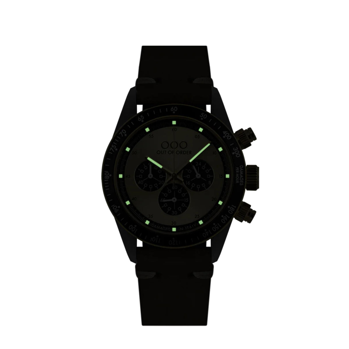 Men's chronograph watch with black case and black strap, green accents and subdials