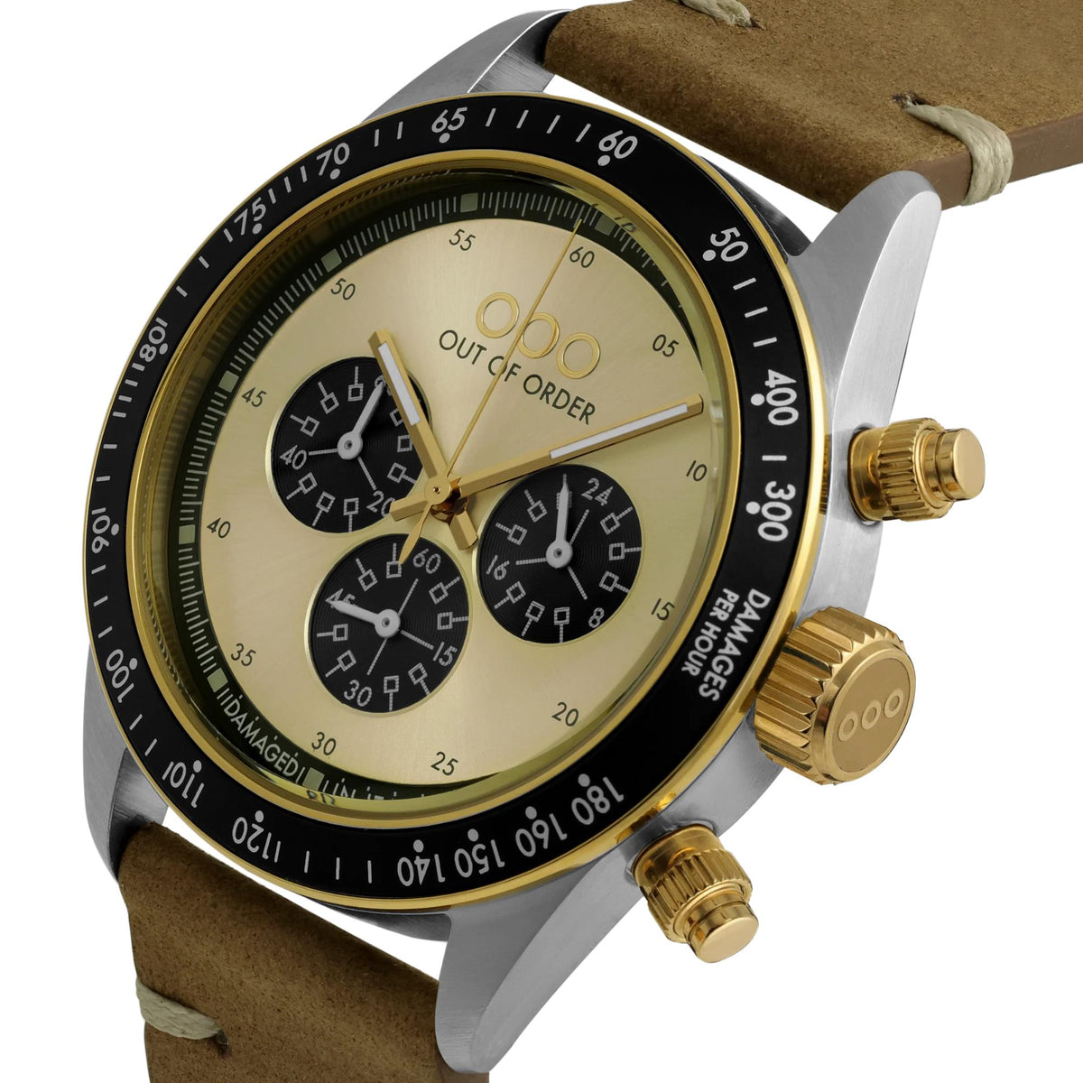 Men's gold-tone chronograph watch close-up on tan leather strap, gold bezel and subdials