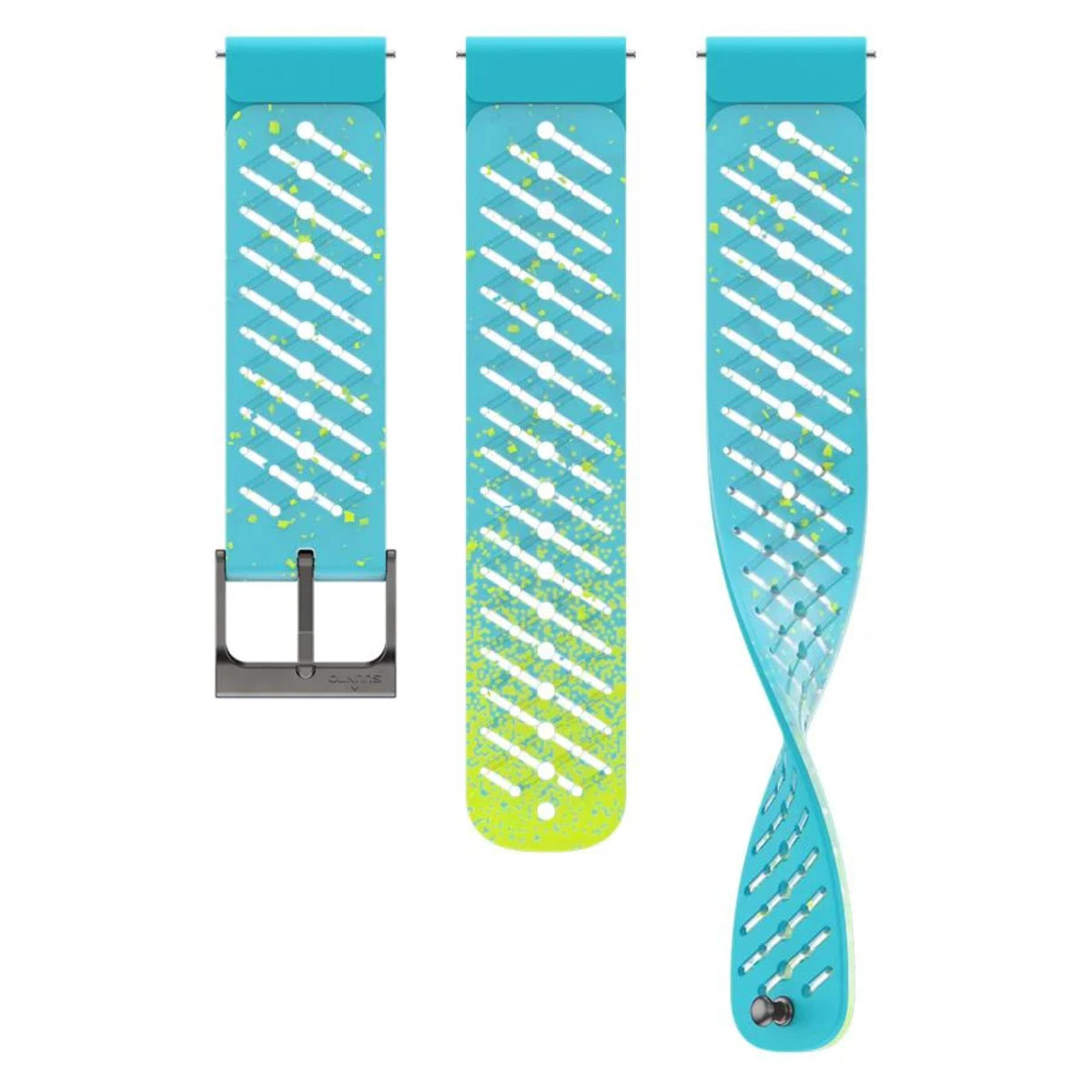Turquoise silicone watch strap with white stripe marks and neon lime underside.