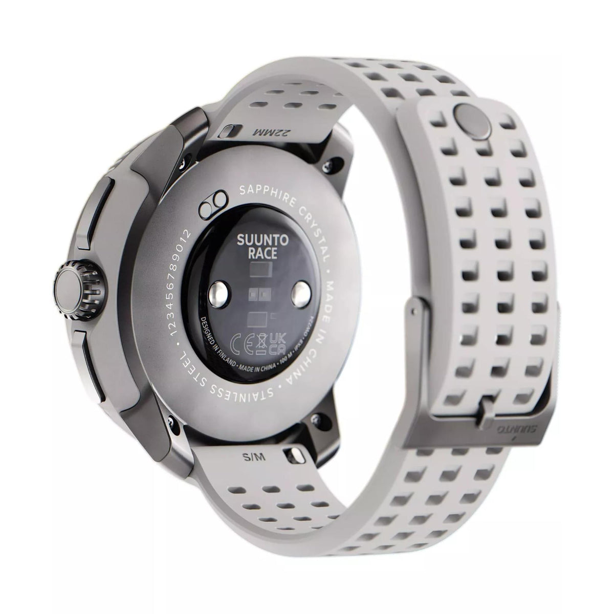 Suunto SS050931000 Race Birch Digital Smart Fitness highlighting the detailed heart rate sensors and metallic edge plates