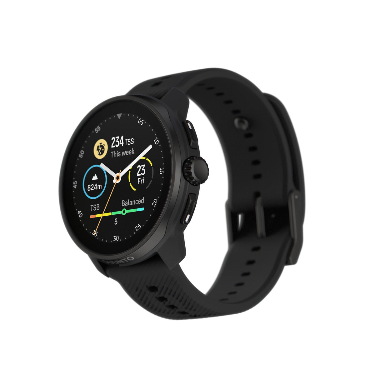 Suunto Race S SS051013000 view illustrating fitness training metrics screen and crown dial button
