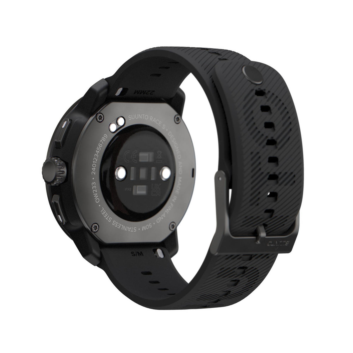 Suunto Race S SS051013000 rear view highlighting optical heart rate sensor, steel backplate, and pin buckle strap