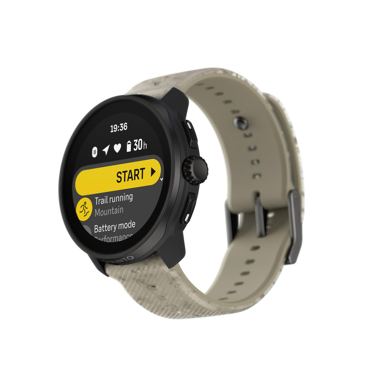 Suunto Race S smartwatch angled view with training start screen and grave gray strap