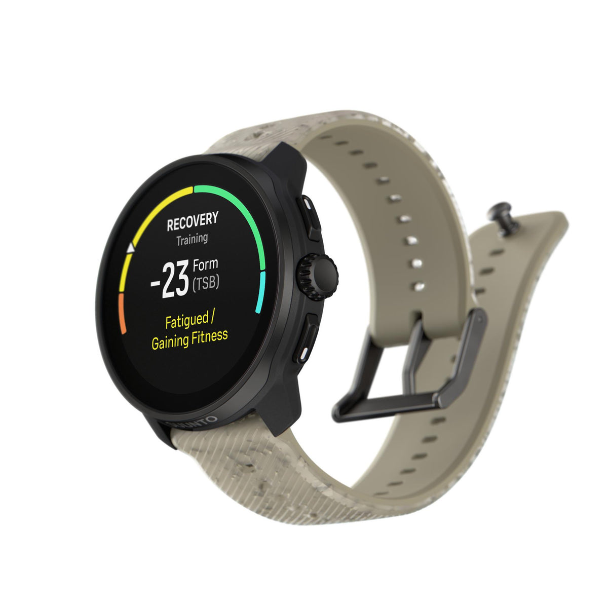 Suunto Race S smartwatch angled view showing recovery screen and grave gray strap