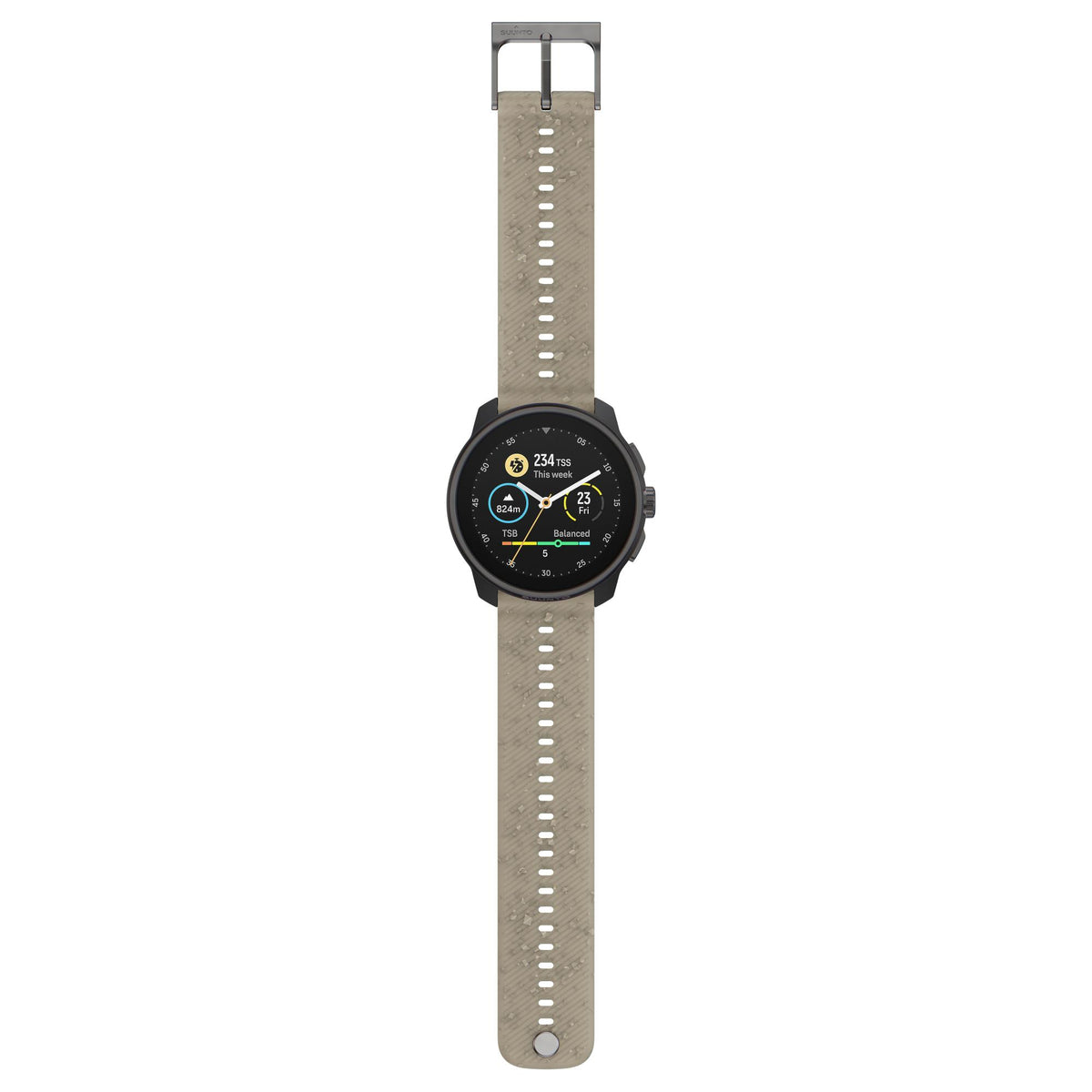 Suunto Race S smartwatch on grave gray silicone strap with round black display