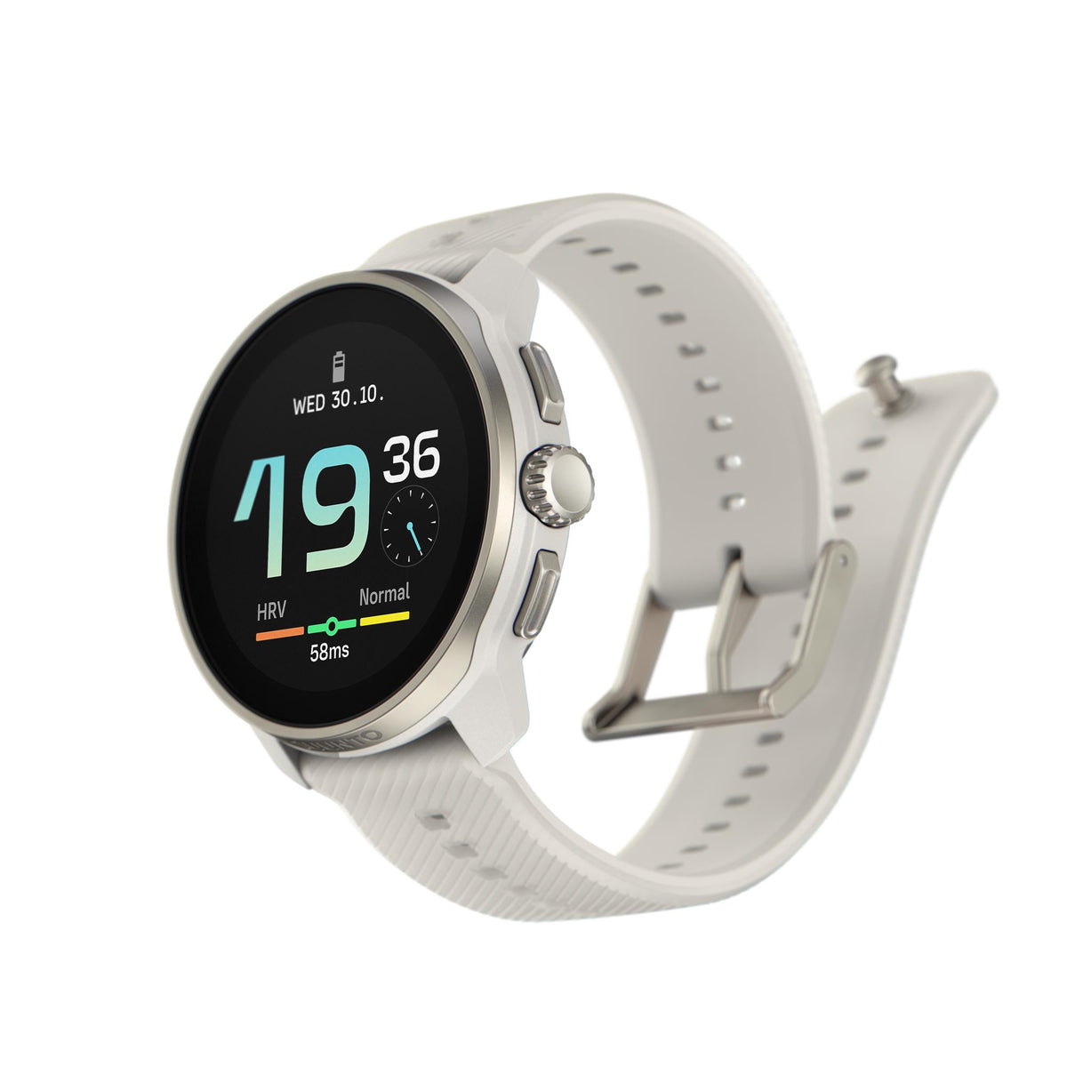 Suunto Race S smart watch, powder-gray silicone strap, AMOLED screen showing 19 and Normal