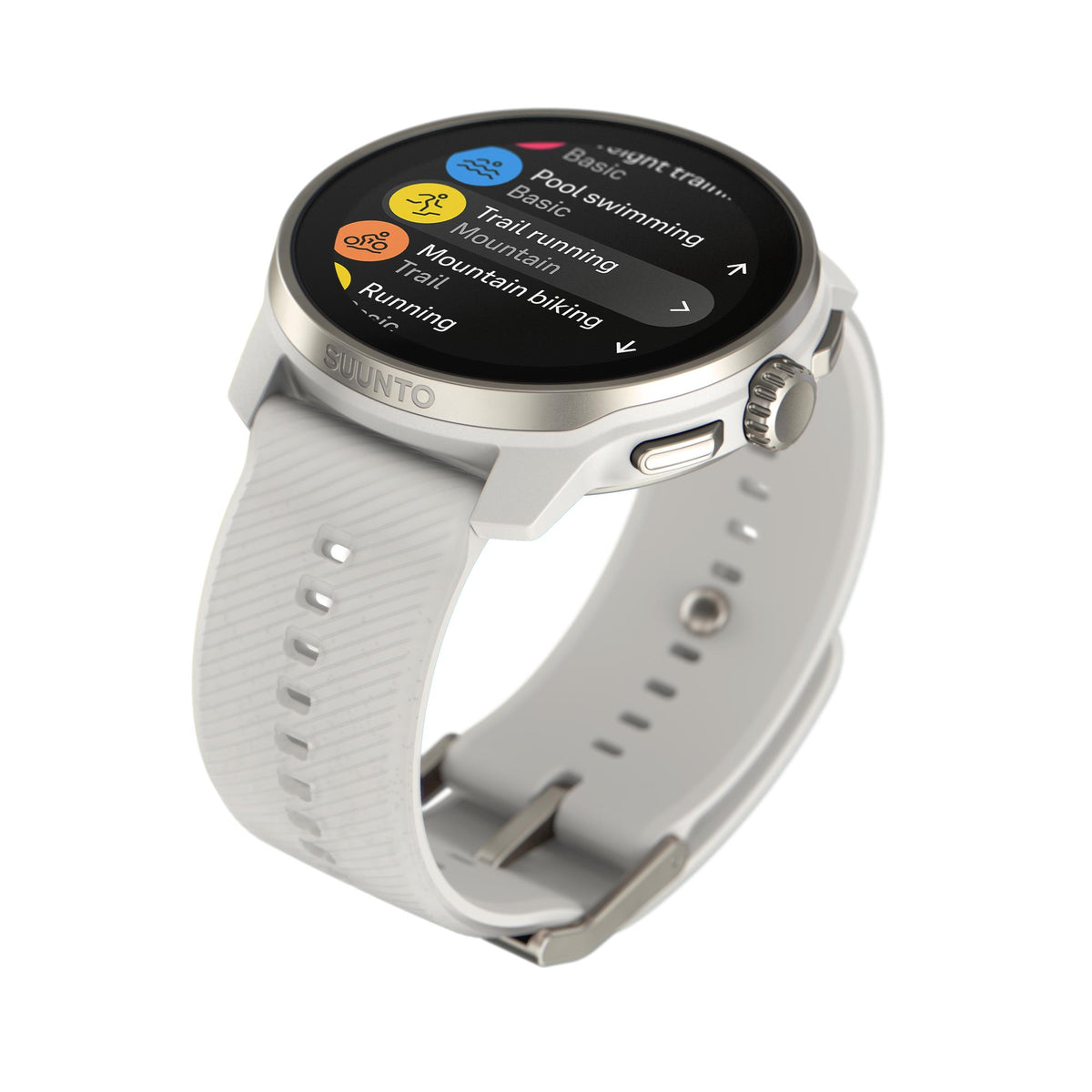 Suunto Race S smart watch, powder-gray silicone strap, sports mode icons on AMOLED screen