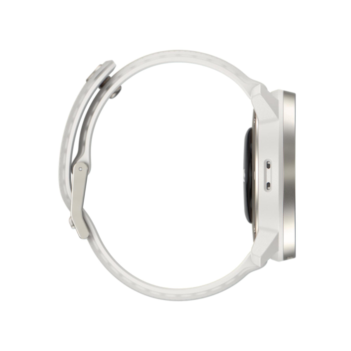 Suunto Race S smart watch case view, powder-gray silicone band, side buttons and sensors