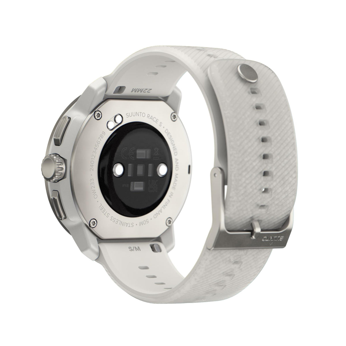 Suunto Race S smart watch back, powder-gray silicone strap, sensor plate and screws