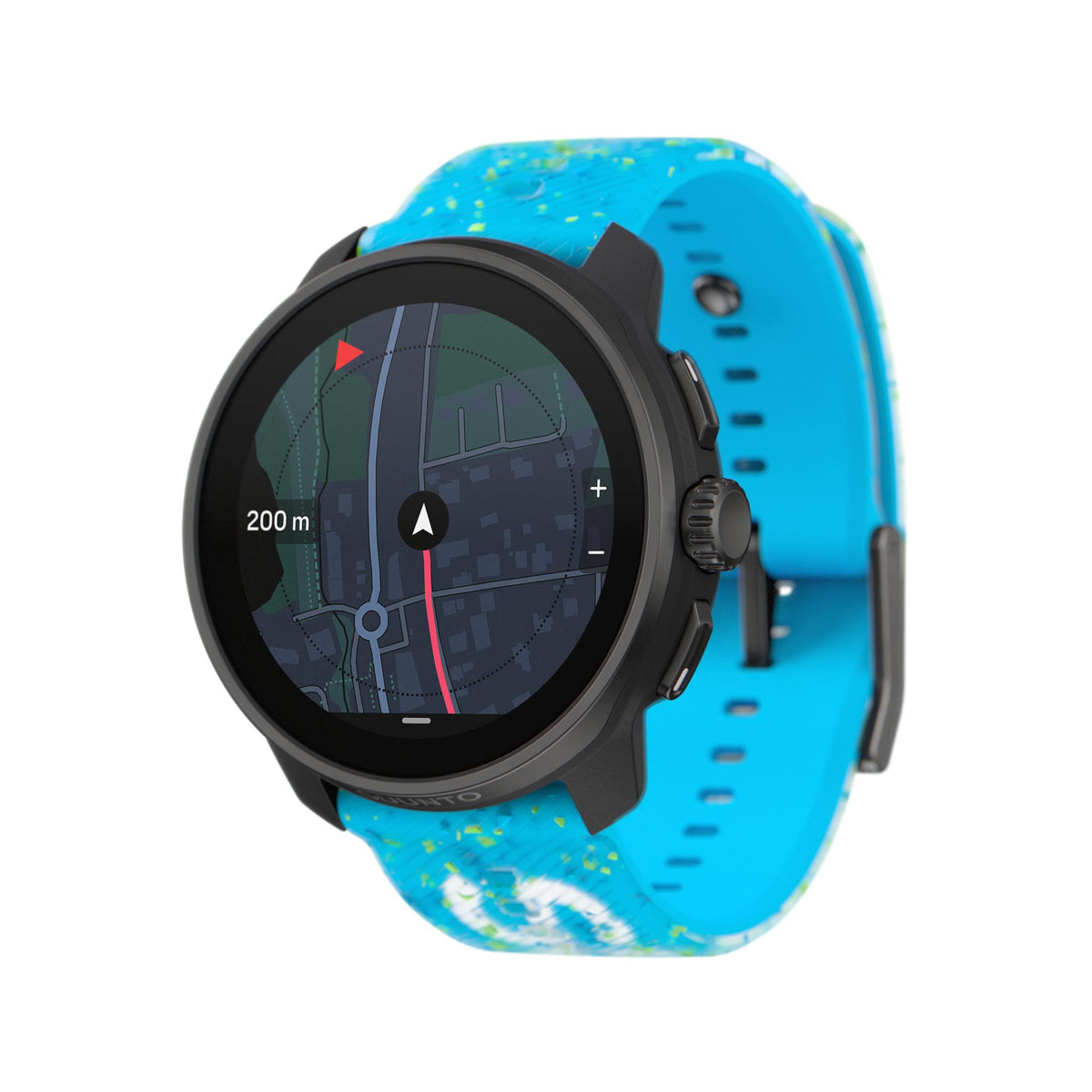 Suunto Race S Power Blue SS051015000 three-quarter view displaying GPS navigation map screen and power blue strap