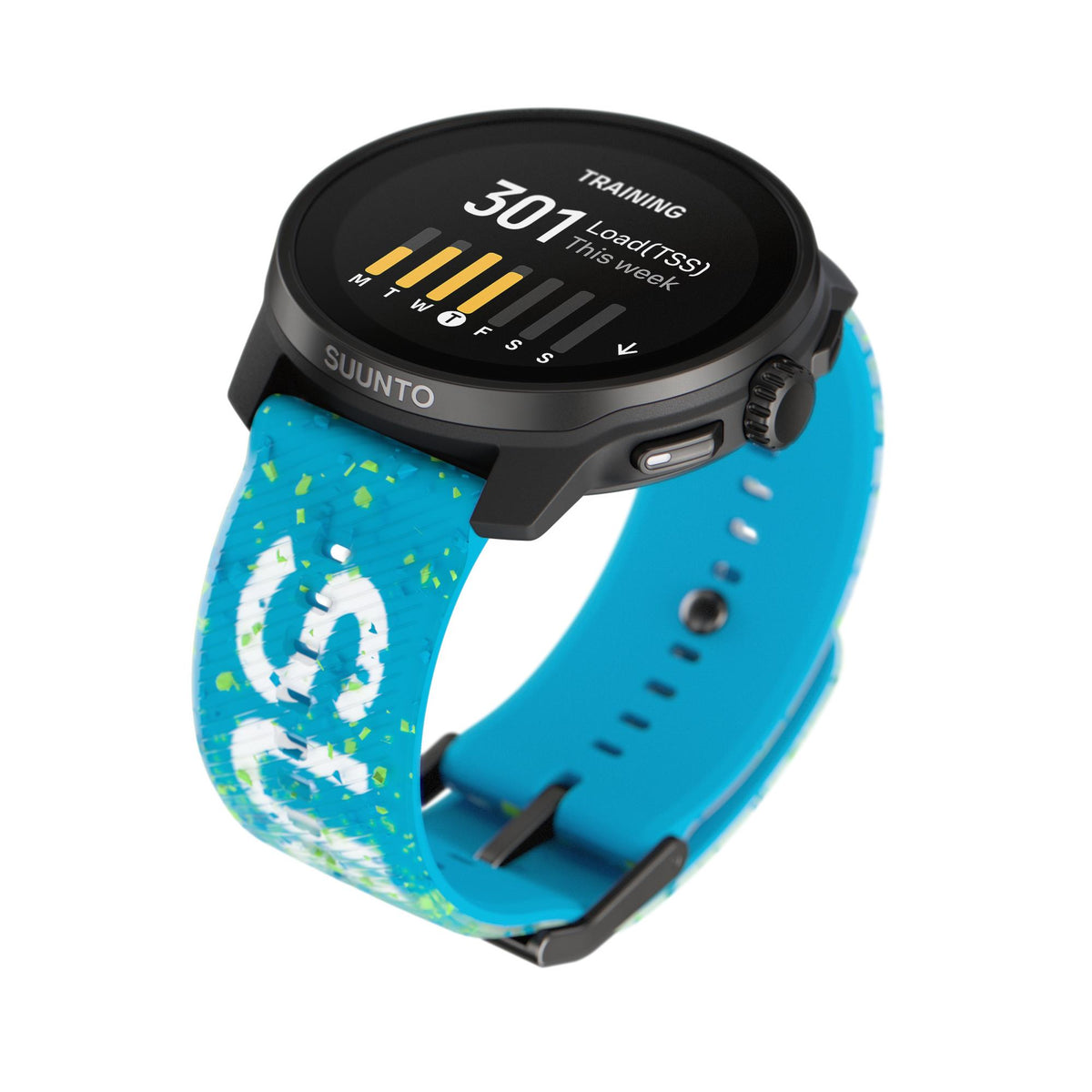 Suunto Race S Power Blue SS051015000 side-angle view illustrating weekly training load display screen and patterned strap