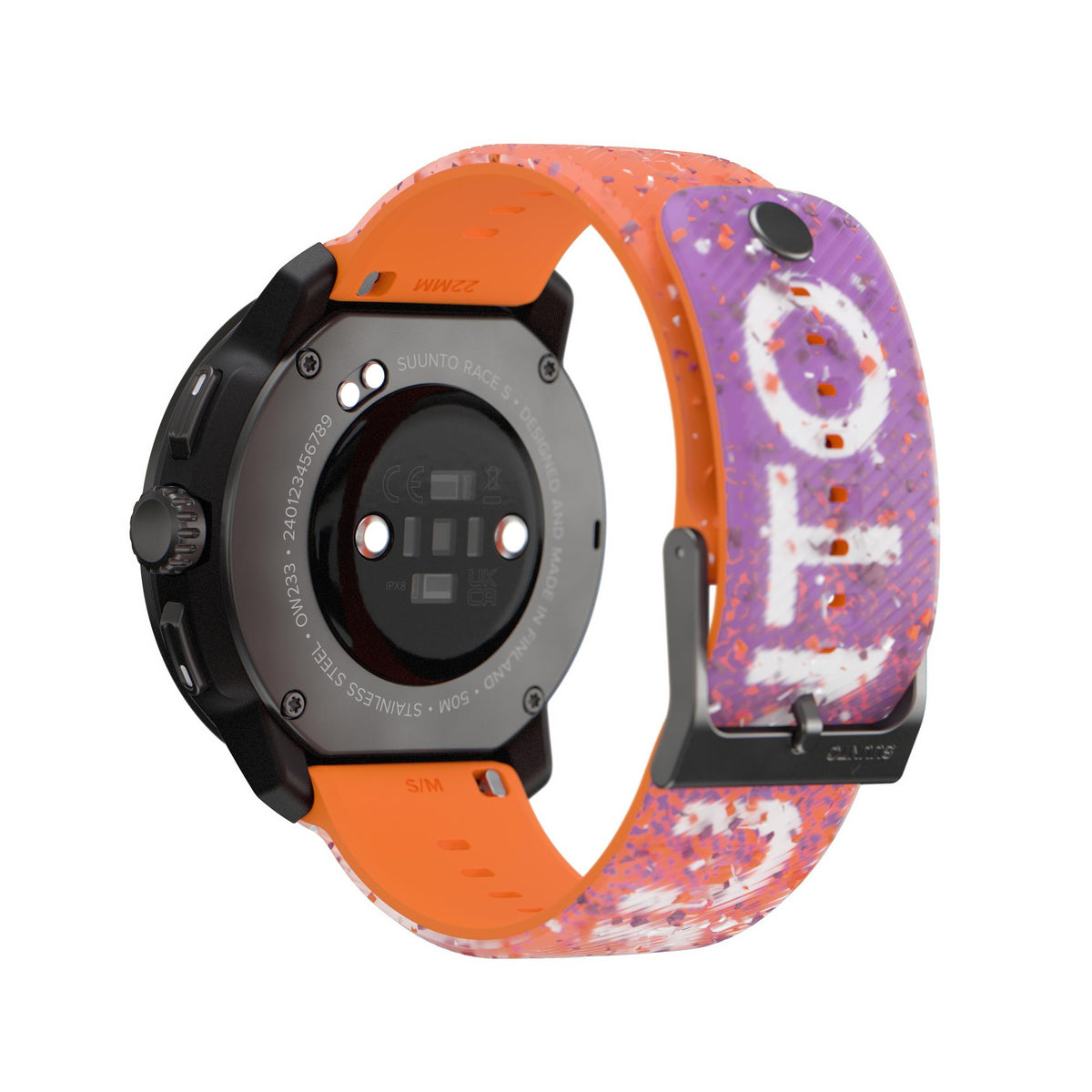 Close-up view of Suunto SS051016000 revealing the stainless steel casing back, optical heart rate sensors and charging contact pins