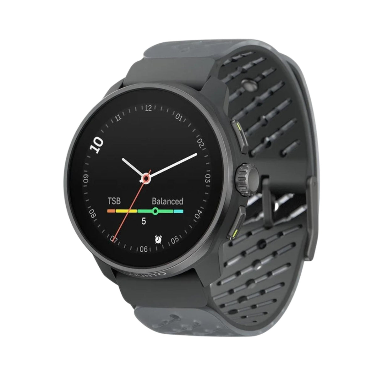 Angled view highlighting the analog-style Suunto SS051104000 face with a "Balanced" training status arc alongside the graphite gray silicone strap