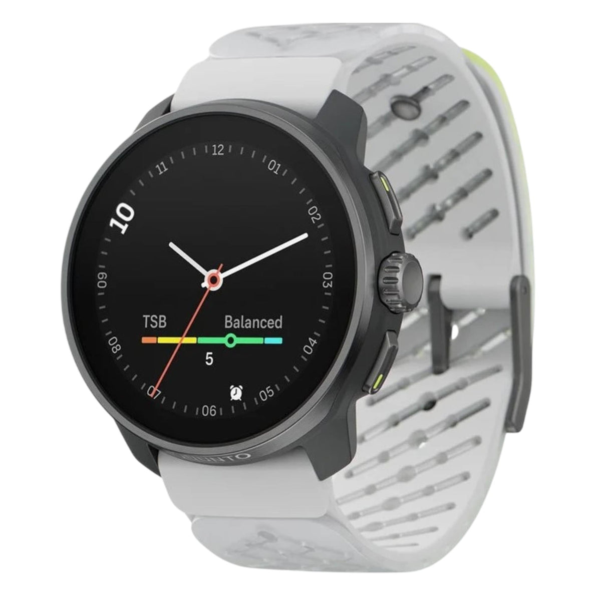 Suunto Race smart watch highlighting the analog watch face interface with a balanced metric indicator