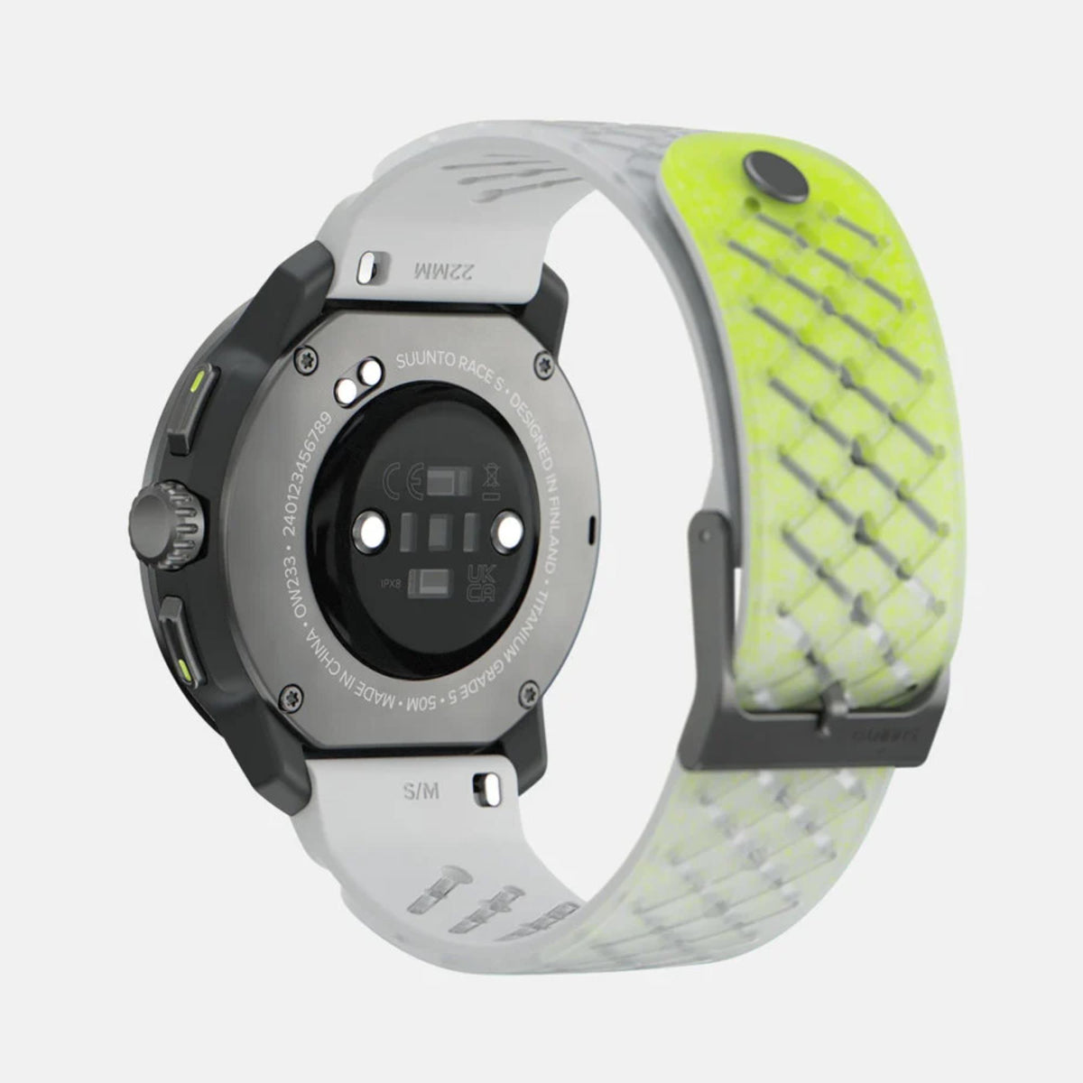 Rear view focusing on the sensor backplate of the Suunto Race SS050932000 smart watch paired with a dual-toned white and lime green strap
