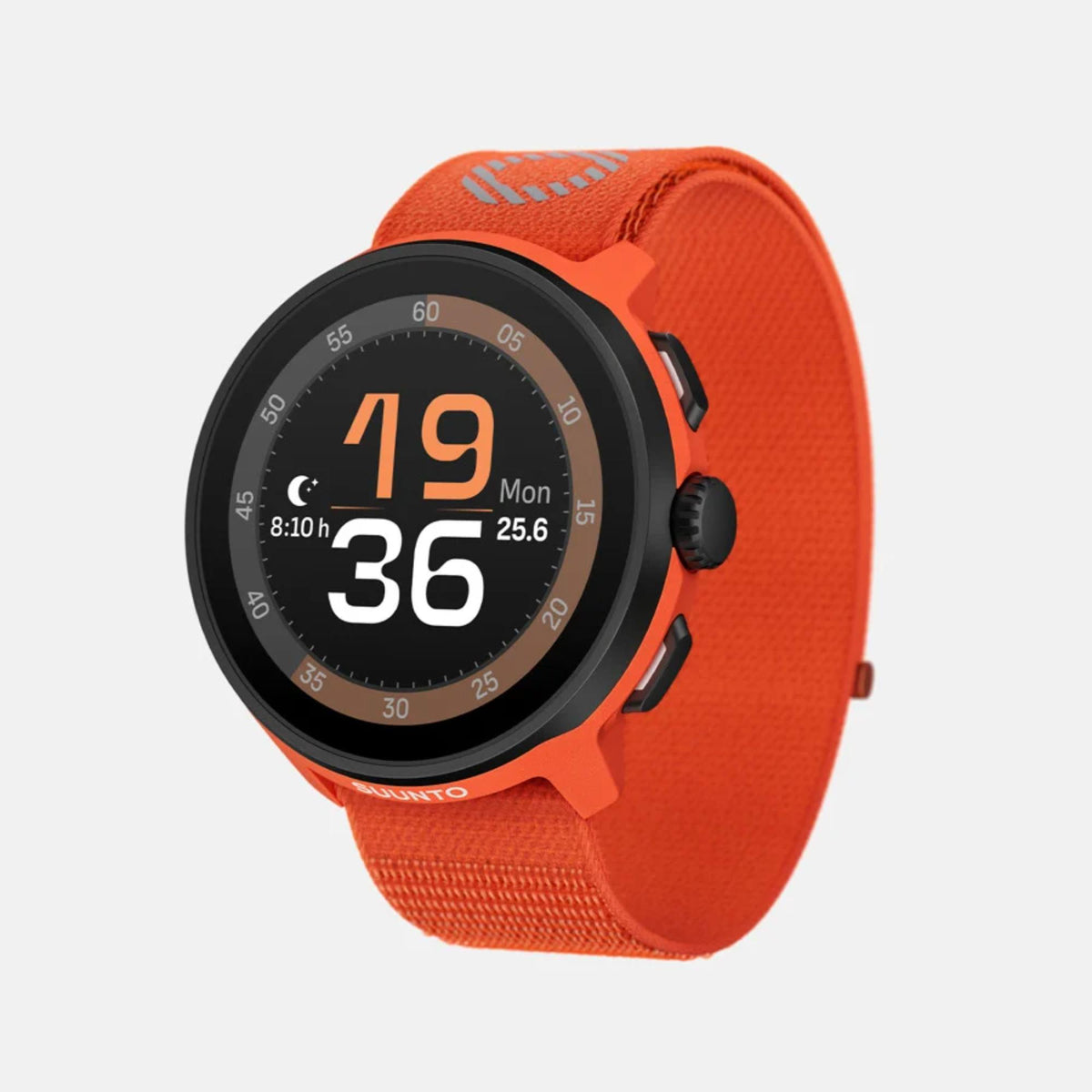 Coral orange sports smartwatch with orange textile strap and black round display showing time