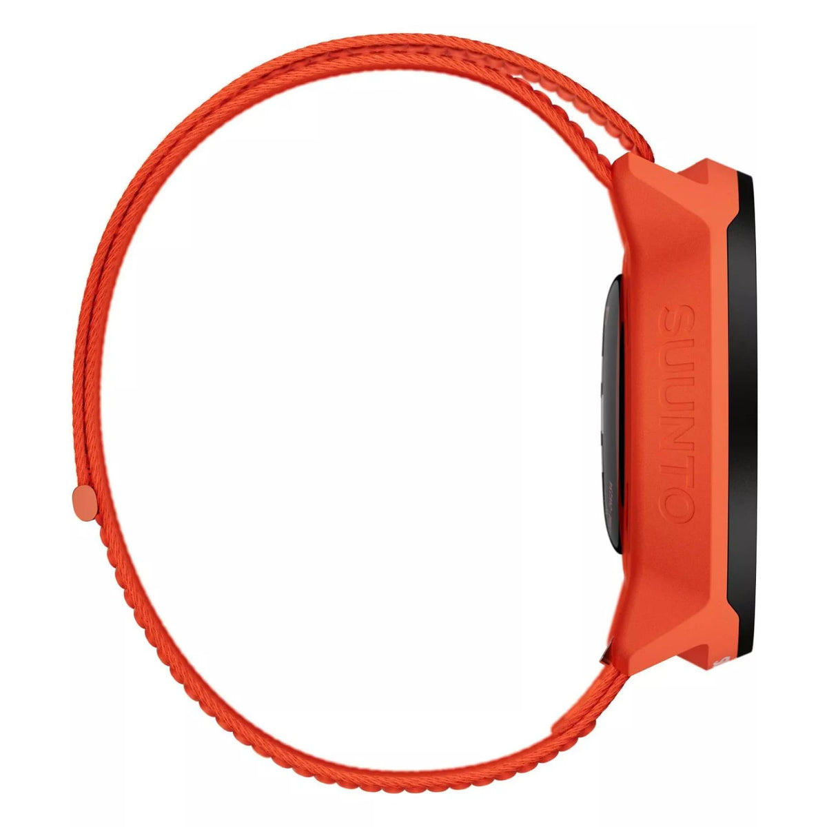 Coral orange fabric watch strap with black end module and orange woven texture