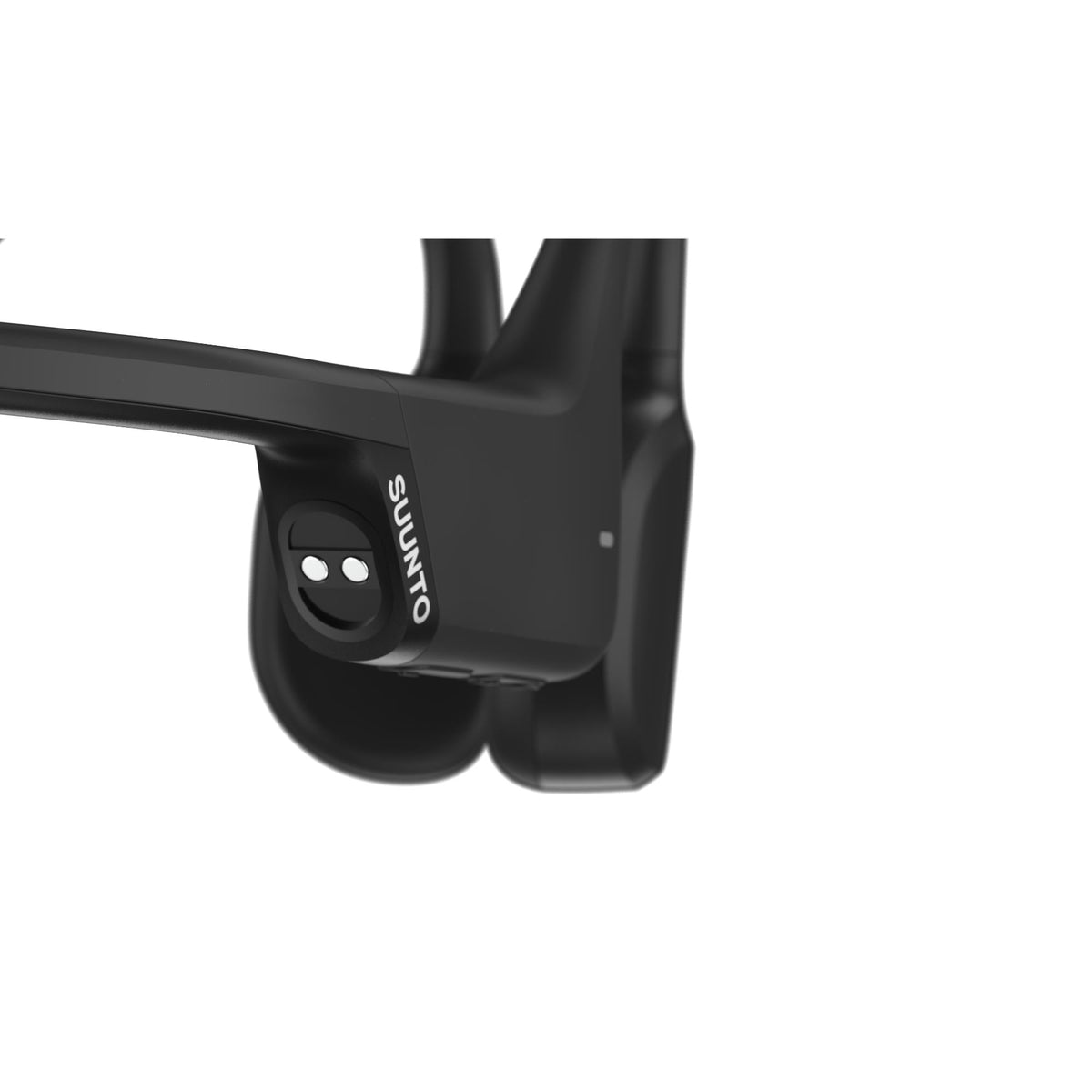 Suunto Sonic SS050946000 black open-ear wireless headphones extreme close-up showing magnetic charging points and branding detail