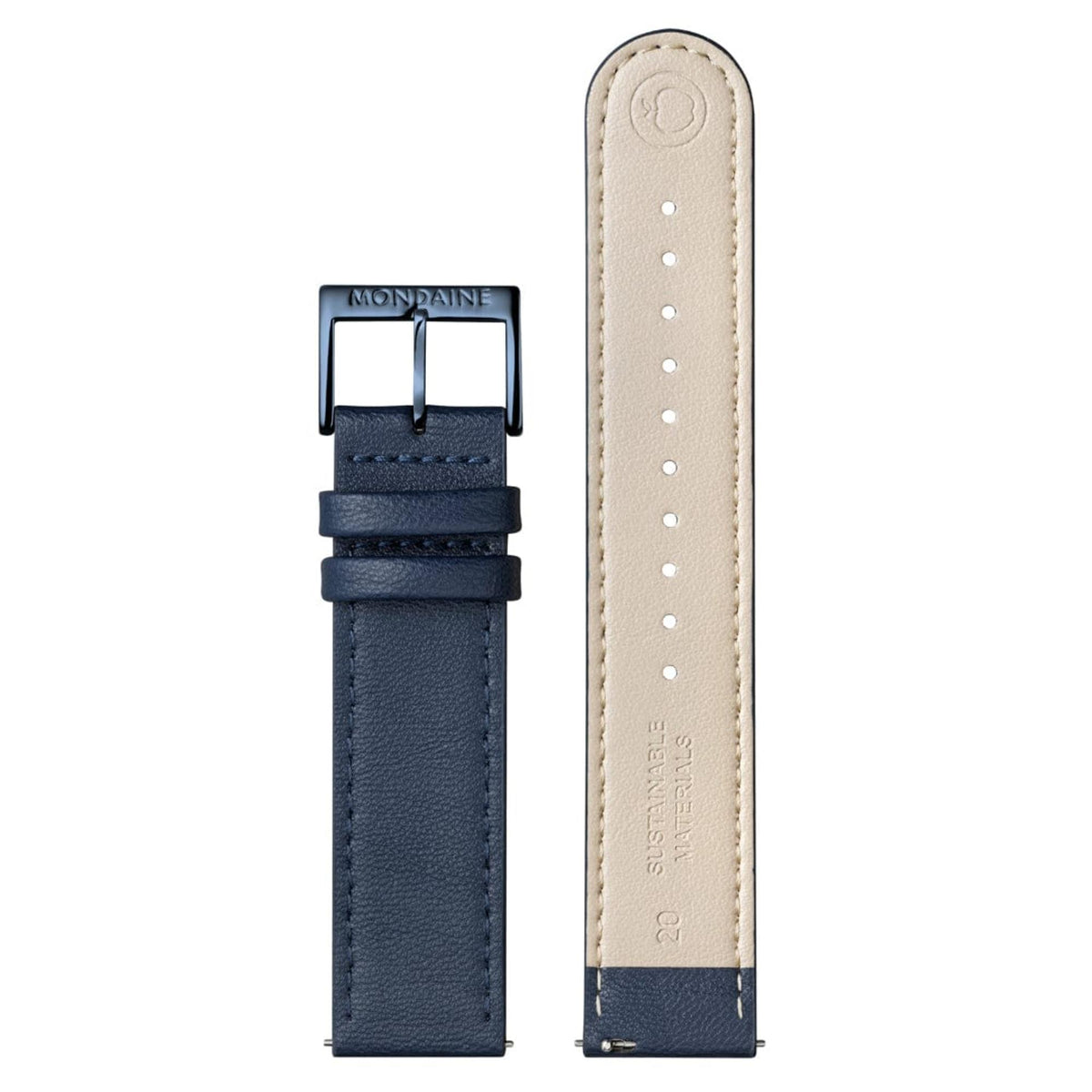 Mondaine Doppio MLE.41240.LDV blue leather strap details with engraved buckle and sustainable material inner lining