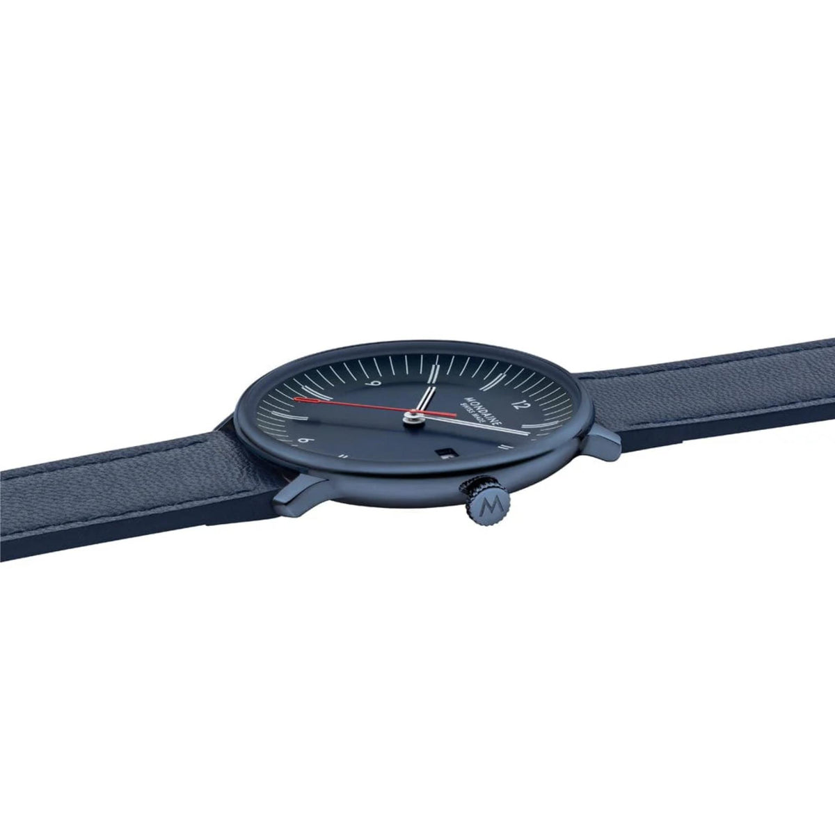 Mondaine Doppio MLE.41240.LDV watch resting flat showing the slim case and extended blue strap
