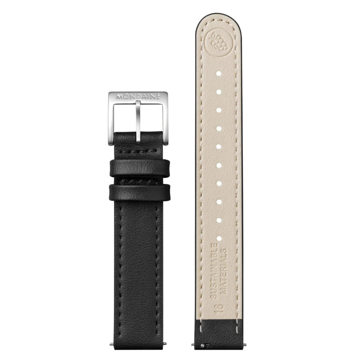 Mondaine Doppio MLE.33110.LBV black leather strap and silver buckle detail