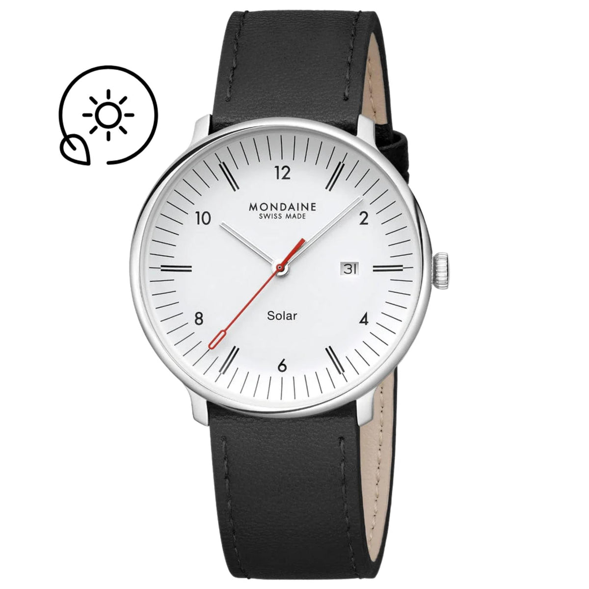 Mondaine Doppio MLE.41910.LBV mens solar watch with a white dial, black leather strap, and a red second hand, featuring an eco-friendly solar power icon in the upper-left corner