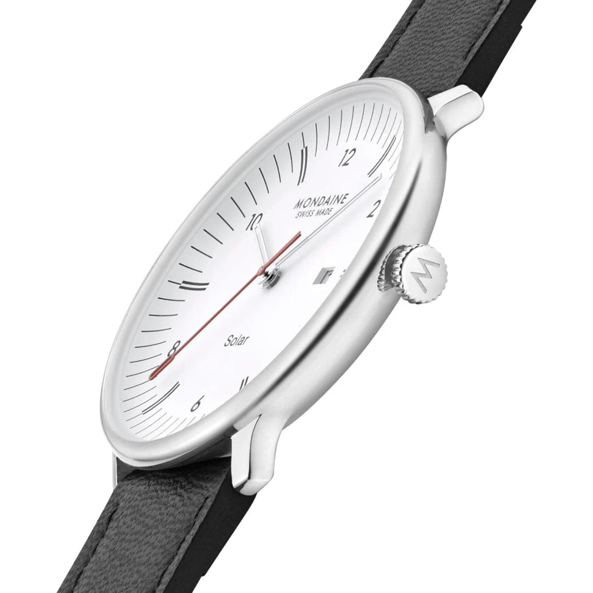 Side profile of the slim stainless steel case of the Mondaine Doppio watch, highlighting the crown with an engraved M logo and the textured black leather strap