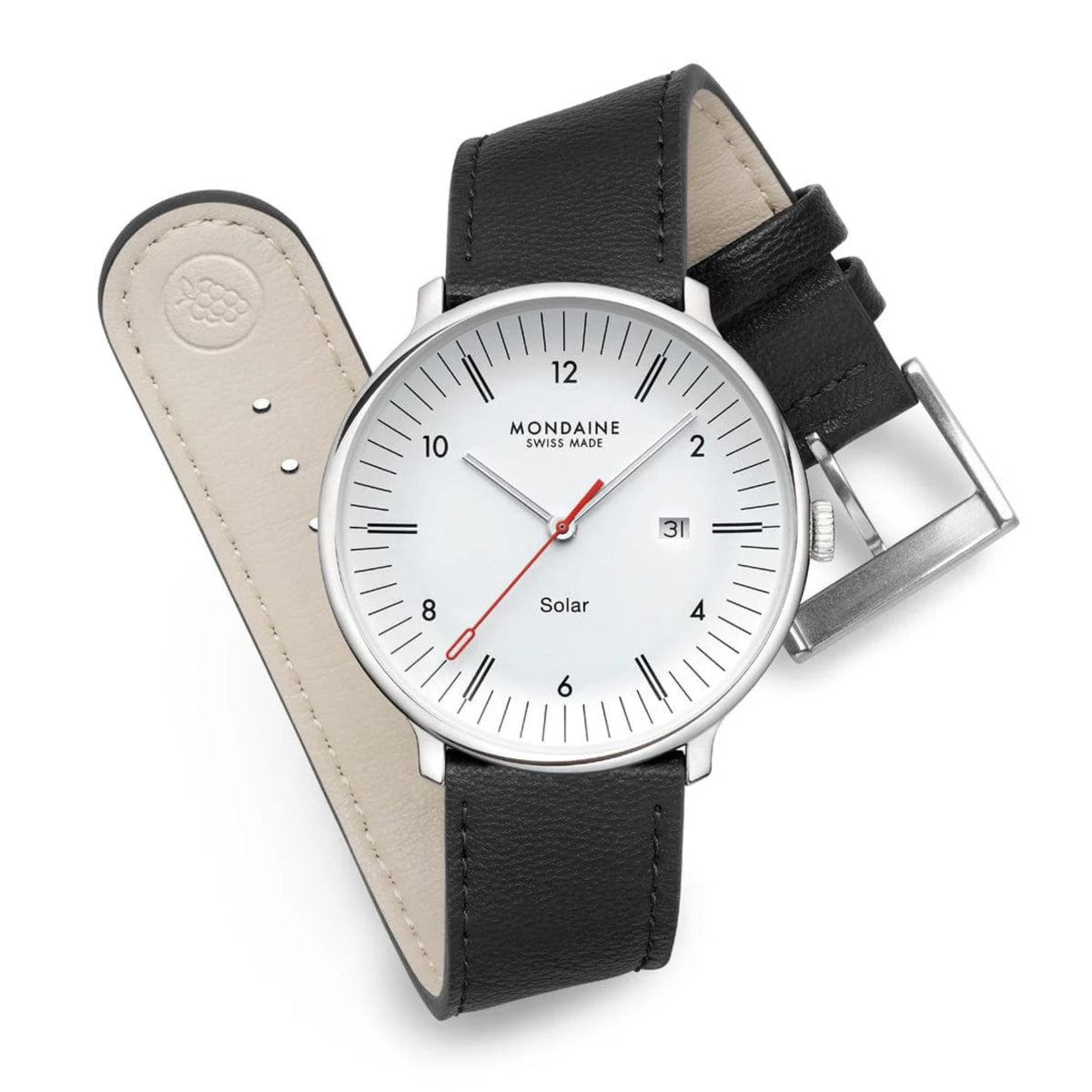 Mondaine Doppio solar watch showing the full white dial, silver hands, and curled black leather strap revealing a beige underside