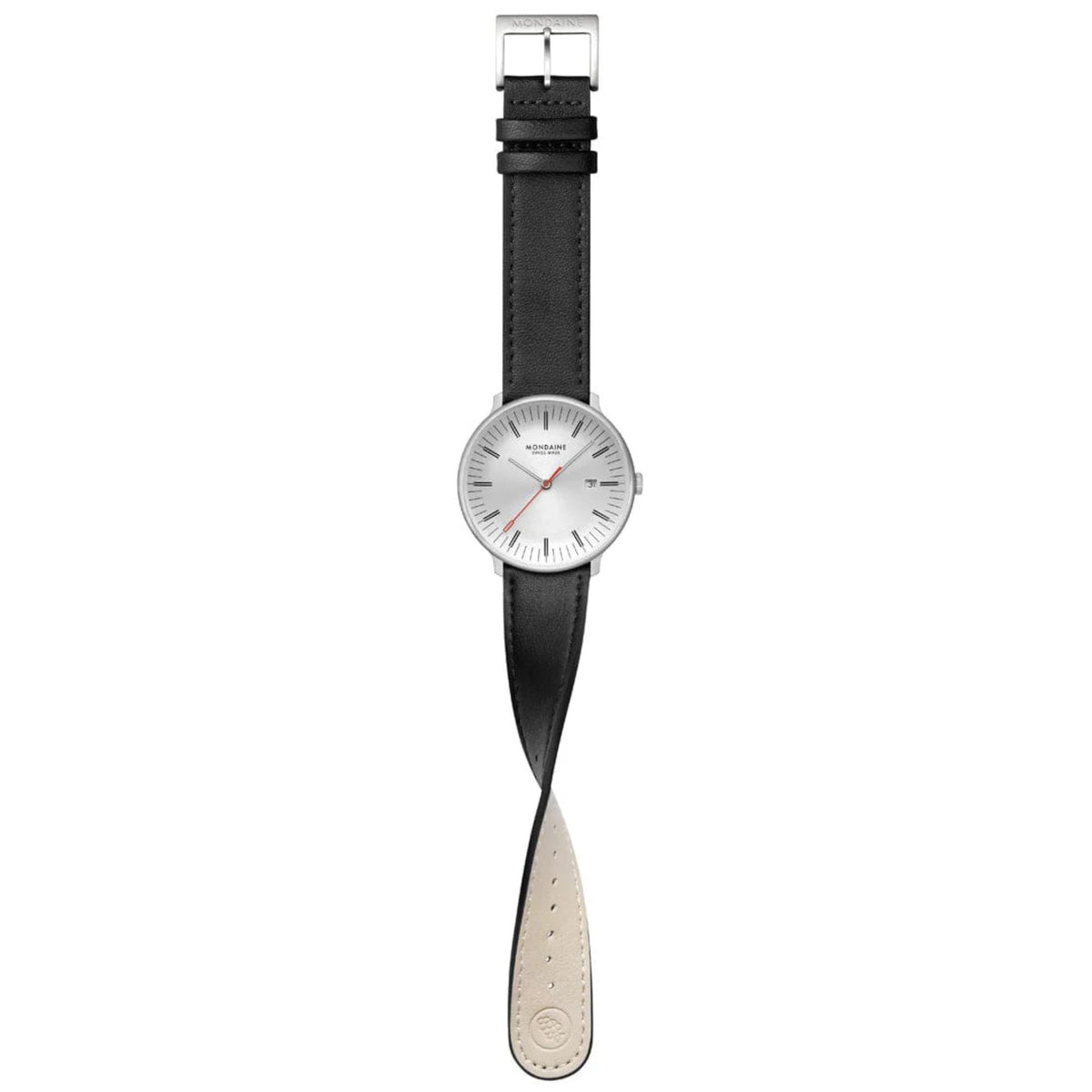 Full-length view of the Mondaine Doppio watch laid out vertically, displaying the entire black leather strap with its silver buckle and beige lining
