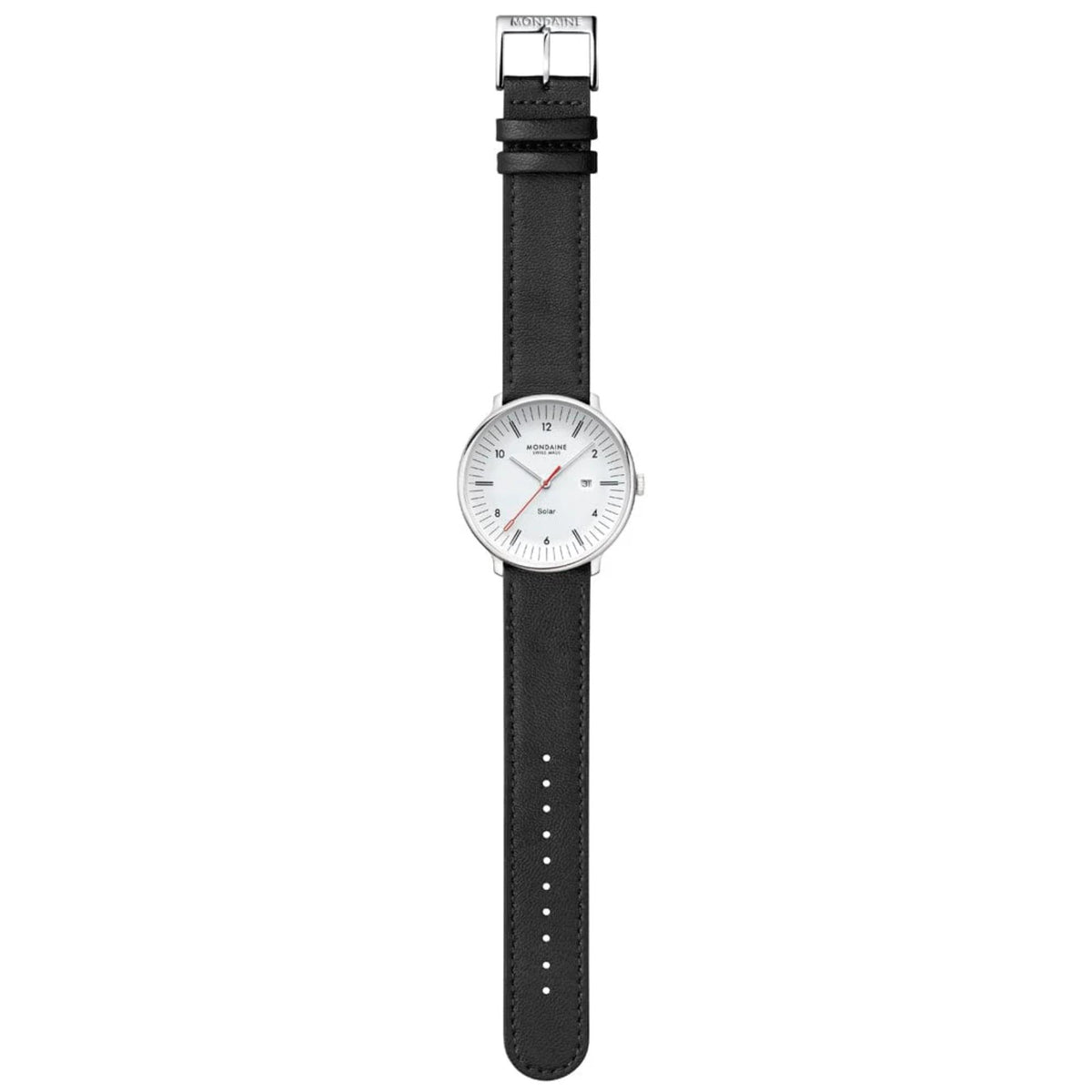 Full-length view of Mondaine Doppio 41mm solar watch MLE.41910.LBV with white dial, silver case, minimalist markers, red second hand, and black leather strap.