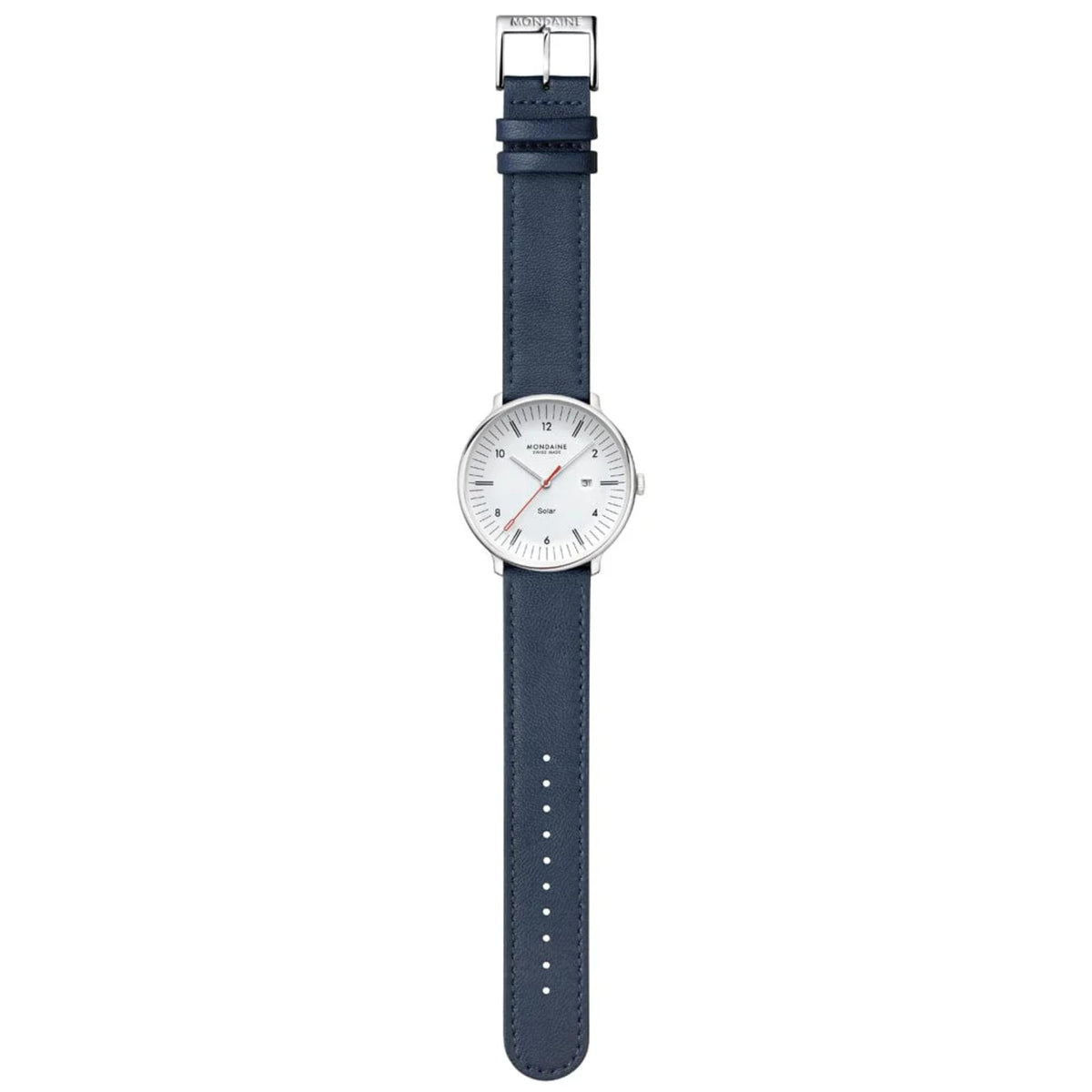 Full-length vertical layout of the Mondaine Doppio Solar watch, showing the entire blue leather strap with its matching silver buckle from top to bottom