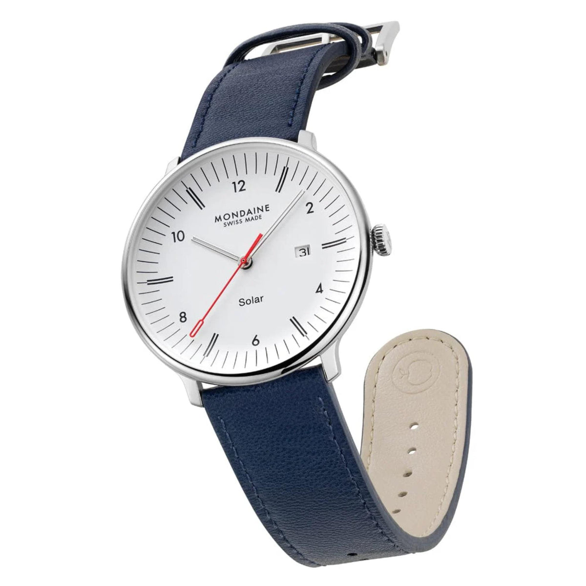 Mondaine watch with the silver steel case and blue leather strap loosely curved to display its cream-colored interior lining