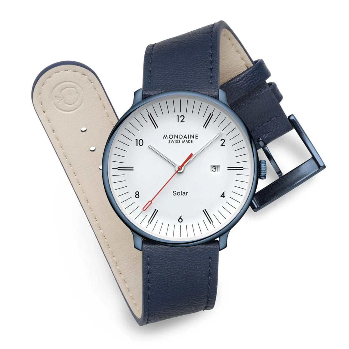 Mondaine watch with the blue leather strap loosely curved to display its cream-colored interior lining, showcasing the full white dial and dark navy hardware