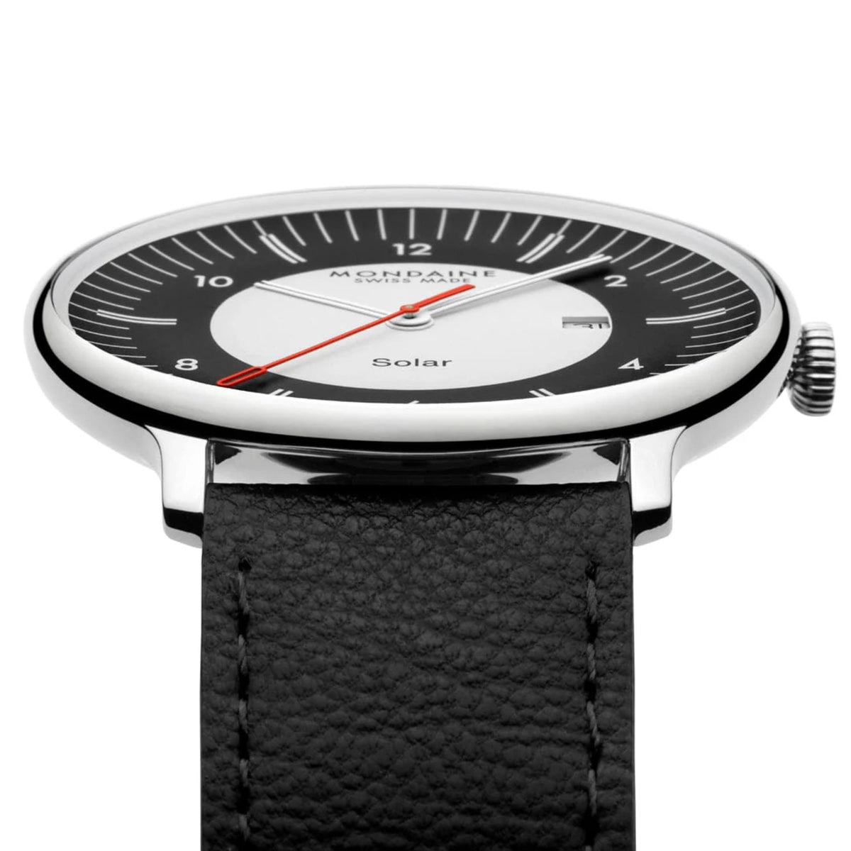 Mondaine Doppio MLE.41920.LBV highlighting the sapphire crystal, silver bezel, textured crown, and the texture of the black leather strap where it meets the lugs