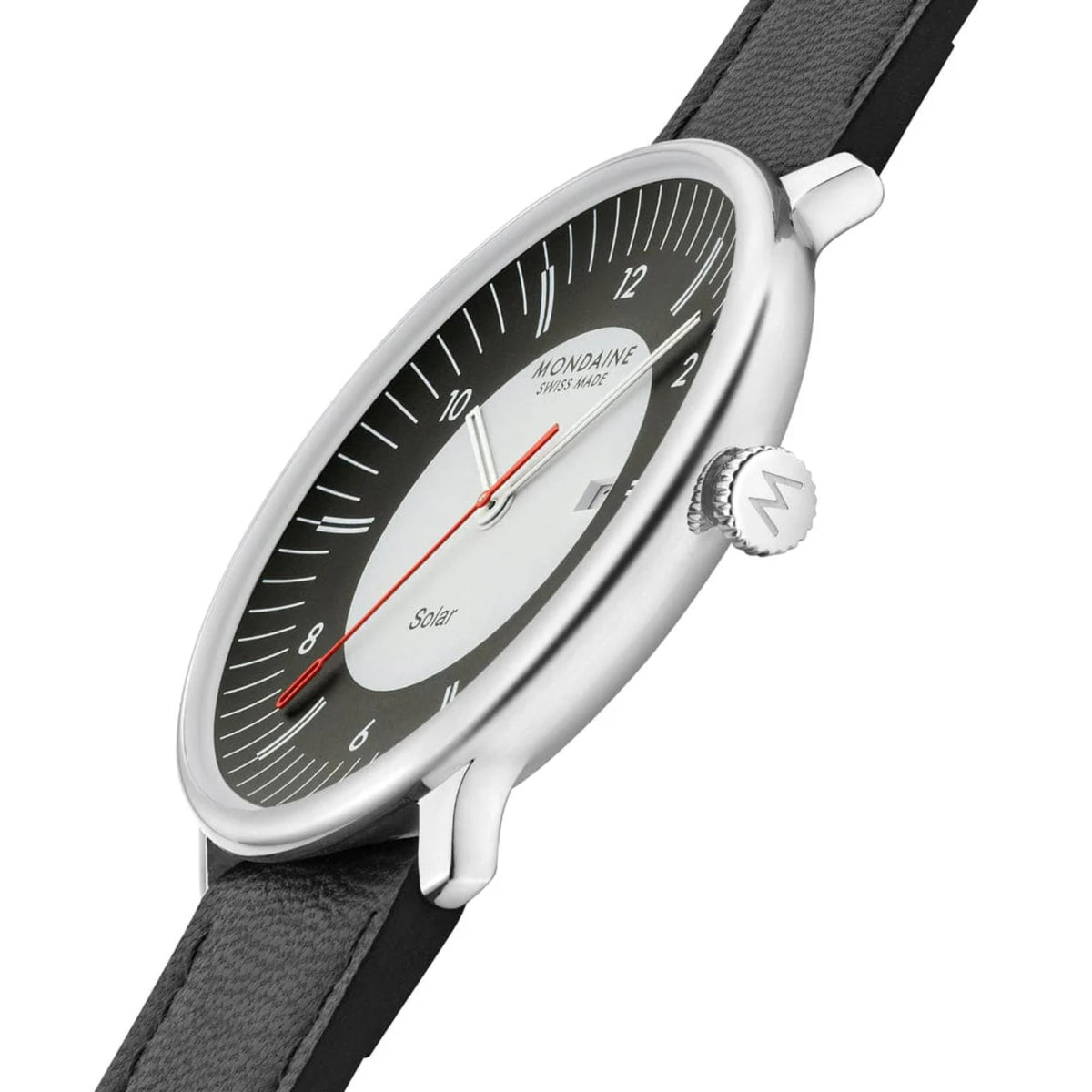 Side profile view of the Mondaine Doppio MLE.41920.LBV watch lying flat, showcasing the slim silver stainless steel case, the crown engraved with the 'M' logo, and the black leather strap extending outward