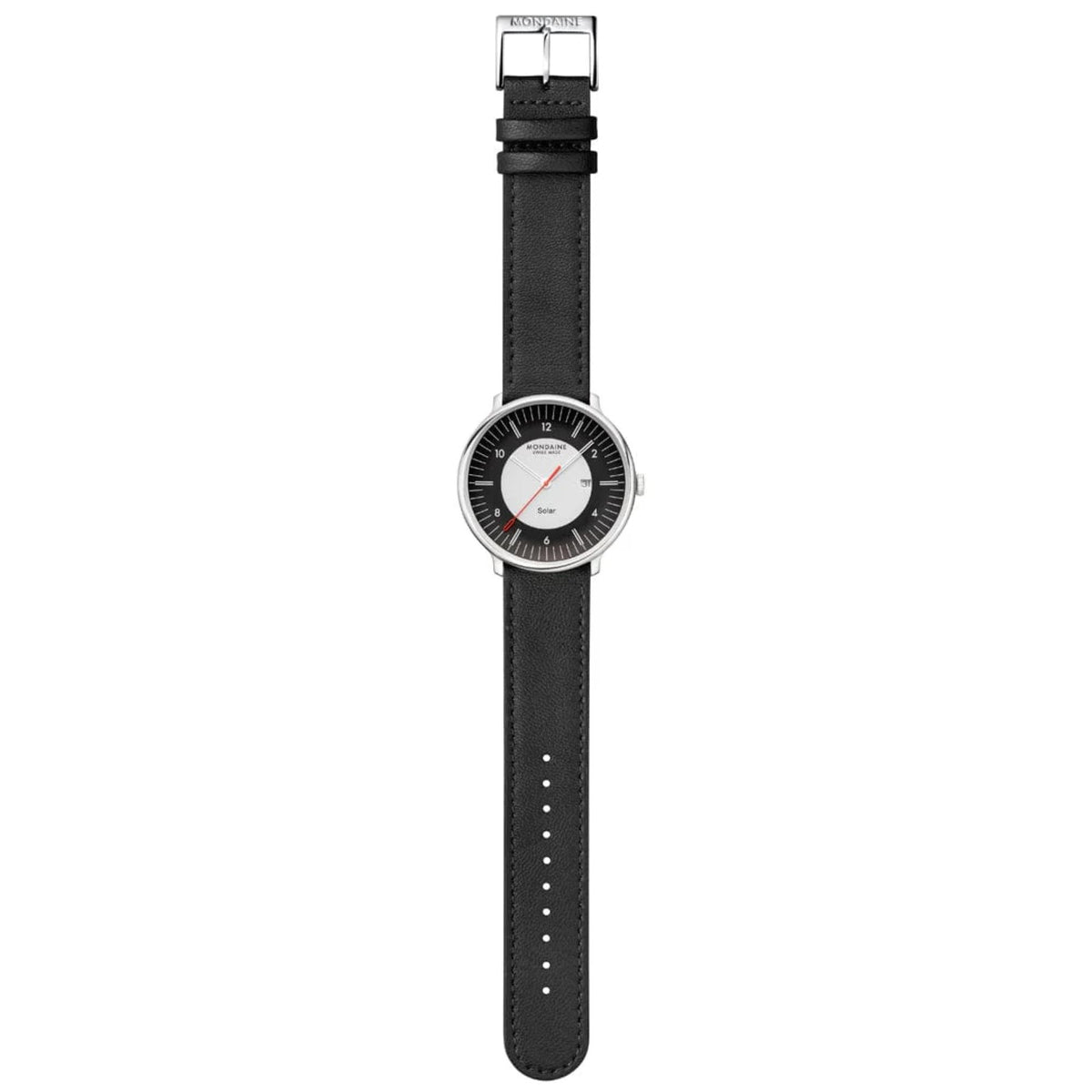 Full-length vertical layout of the Mondaine Doppio MLE.41920.LBV watch, showing the entire black leather strap with silver buckle from top to bottom
