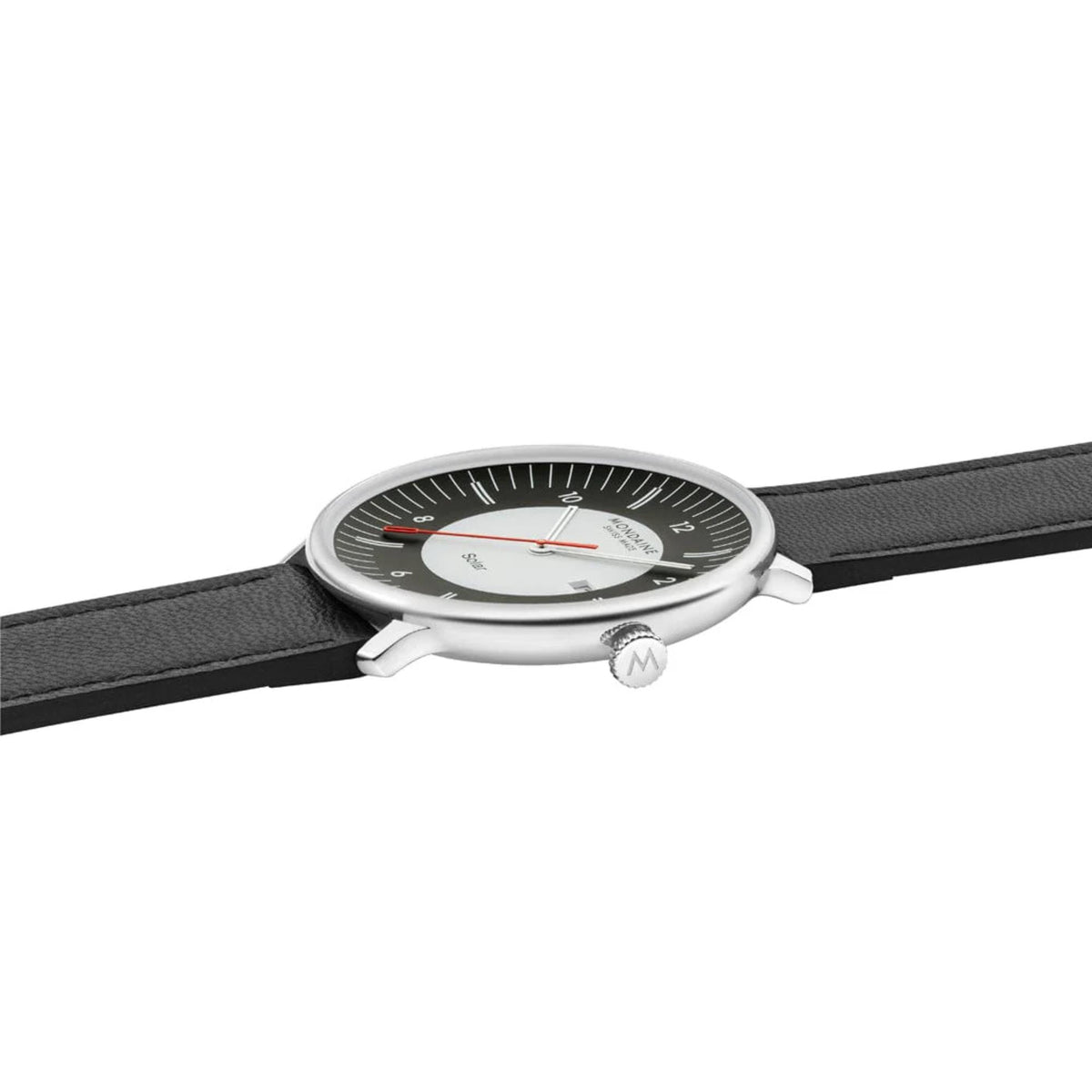 Side view of Mondaine Doppio Solar watch showing the ultra-slim silver-tone case and a black leather strap extending out to both sides