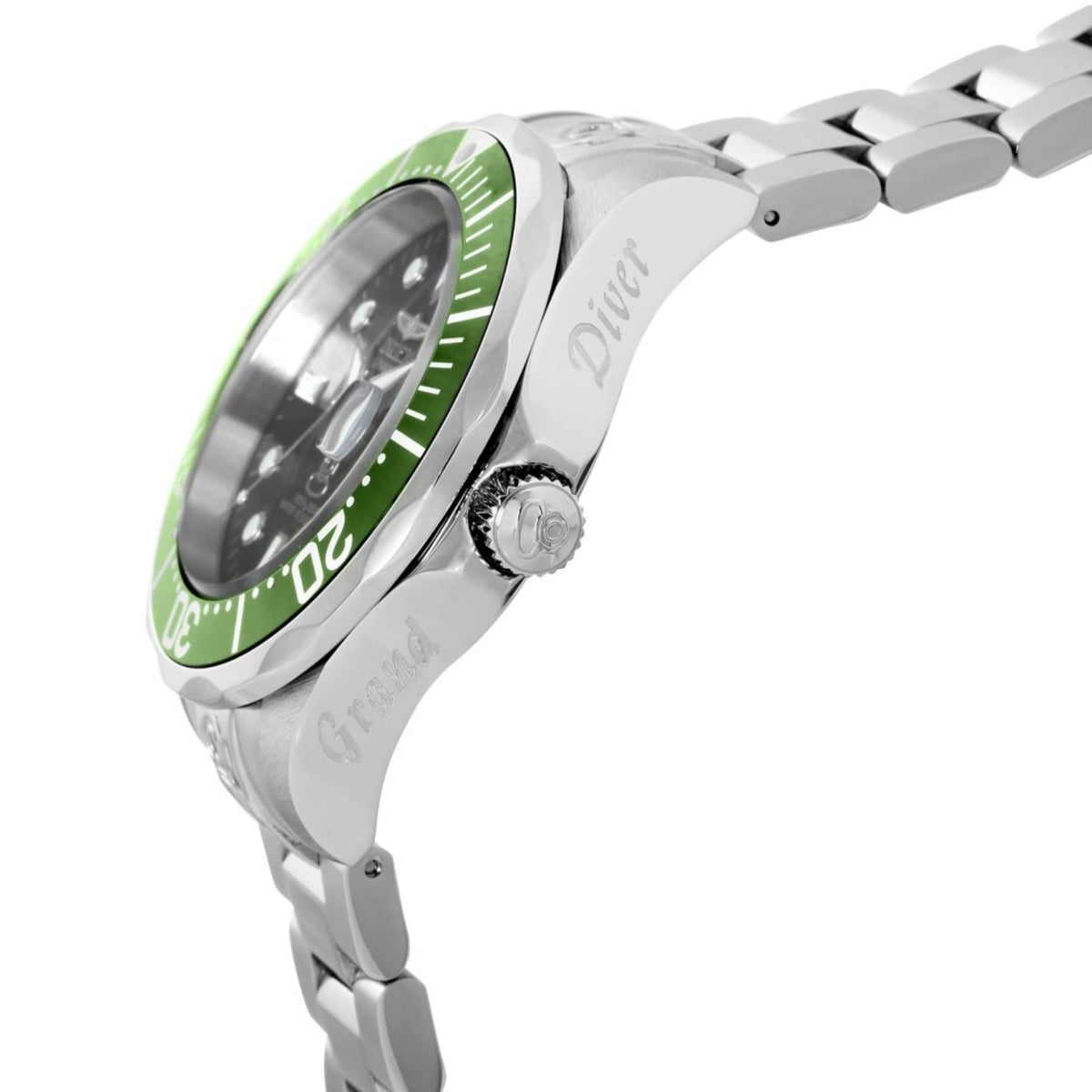 Men's stainless steel dive watch with green bezel and crown detail on steel strap