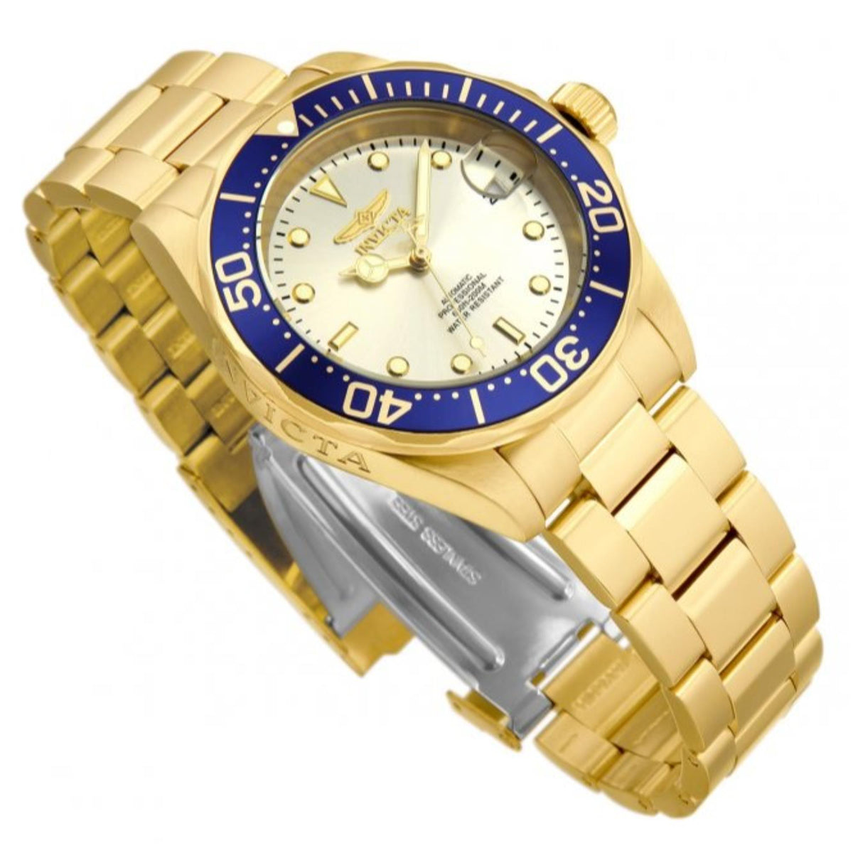 Gold-tone steel diver watch with blue bezel and champagne dial, date window and markers
