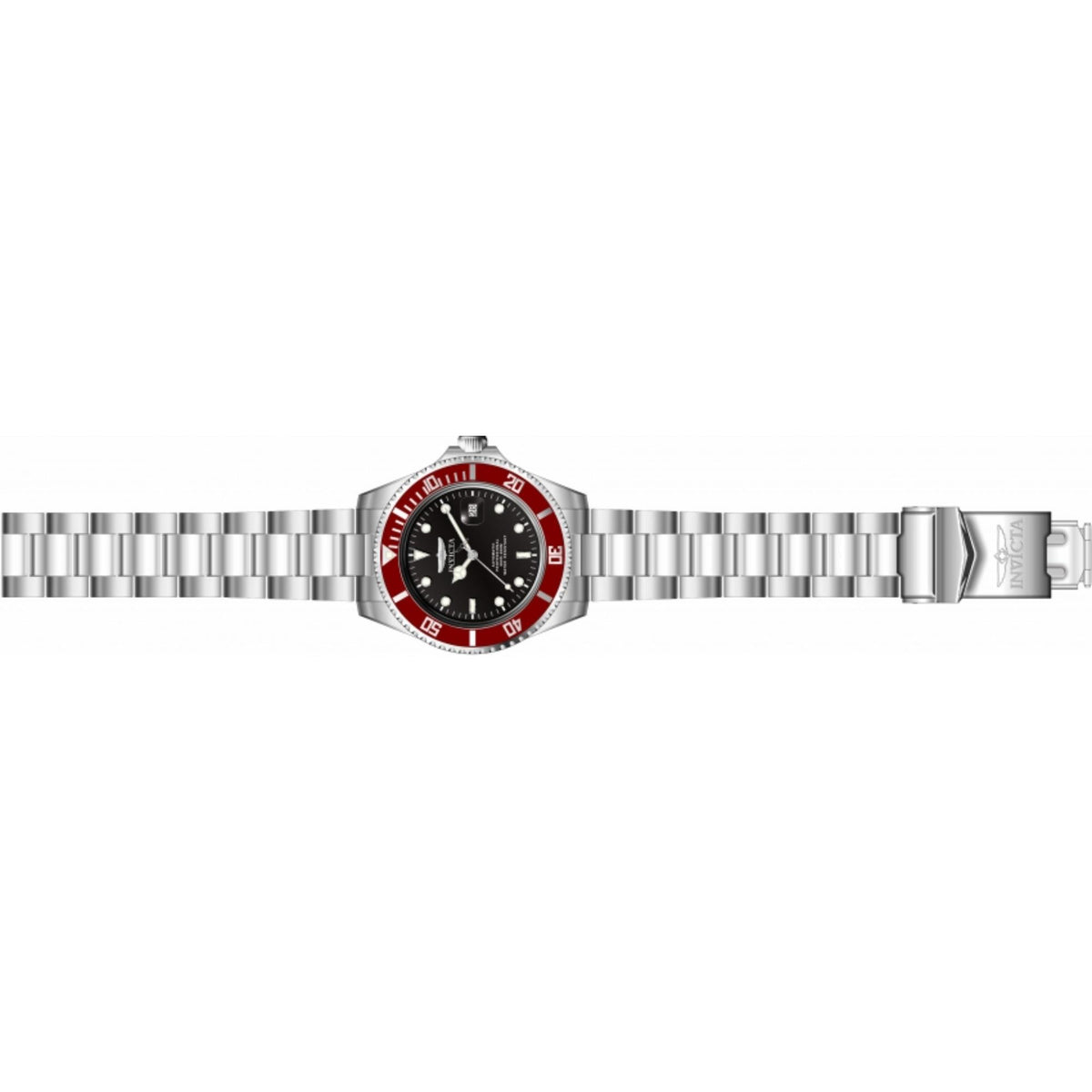 Men's Invicta diver watch with black dial, red bezel, stainless steel bracelet side view