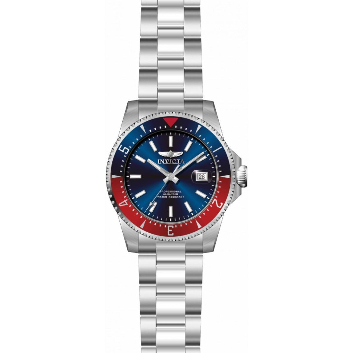 Men's steel automatic diver watch with blue dial, red bezel, and date window