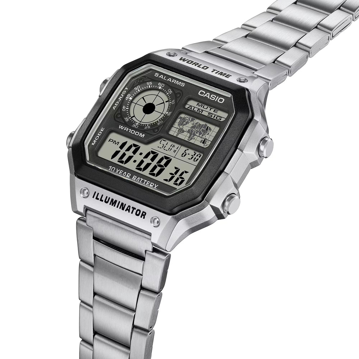Men's world time digital quartz watch with steel bracelet, black bezel, angled view.