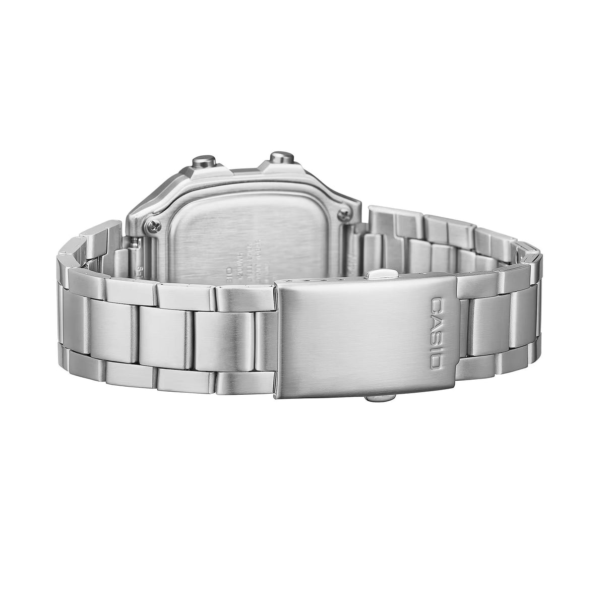 Men's steel bracelet wristwatch with brushed case back and clasp.