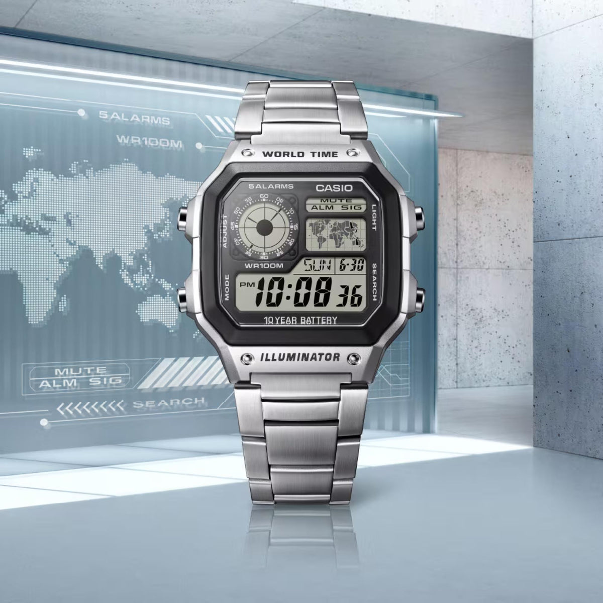 Men's digital world time wristwatch with steel bracelet and black display, front view.