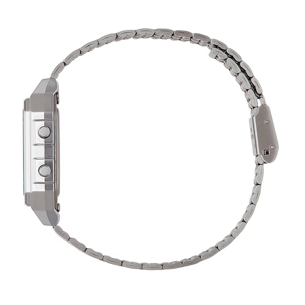 Side profile illustration of the Casio Vintage Digital Steel Strap Watch A500WEA-1EF showing the slim case and link band