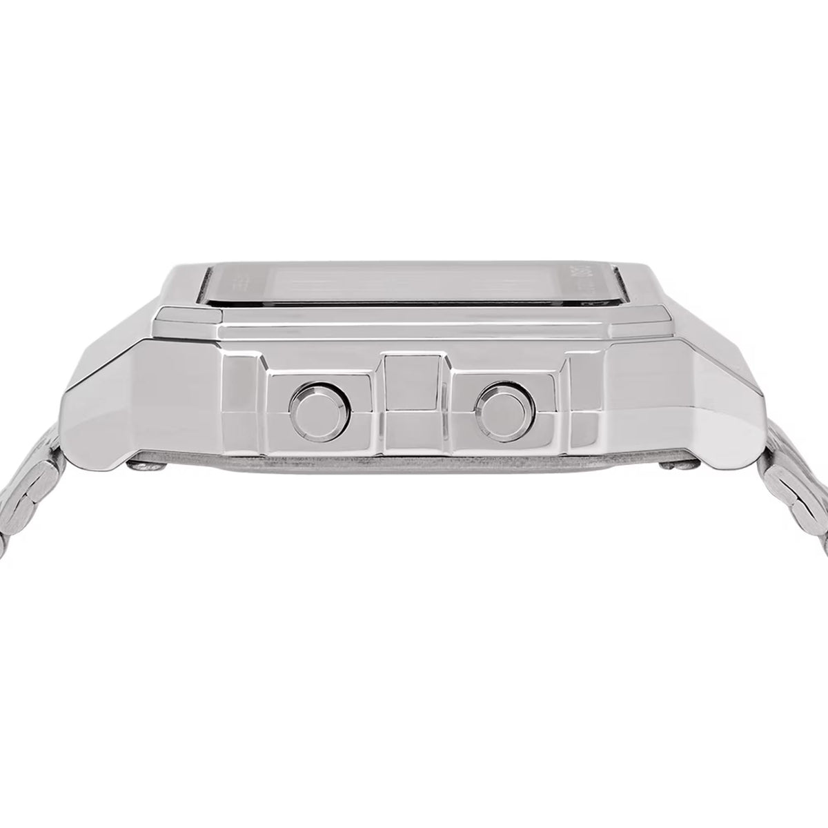Side view of the metallic case and side pushers on the Casio Vintage Digital Steel Strap Watch A500WEA-1EF