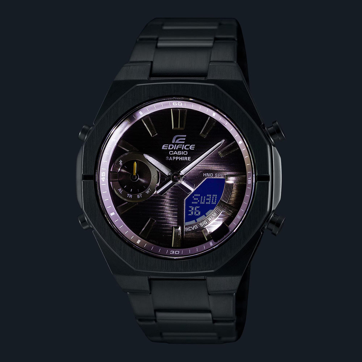 Men's solar watch with dark dial, black strap, and octagonal case